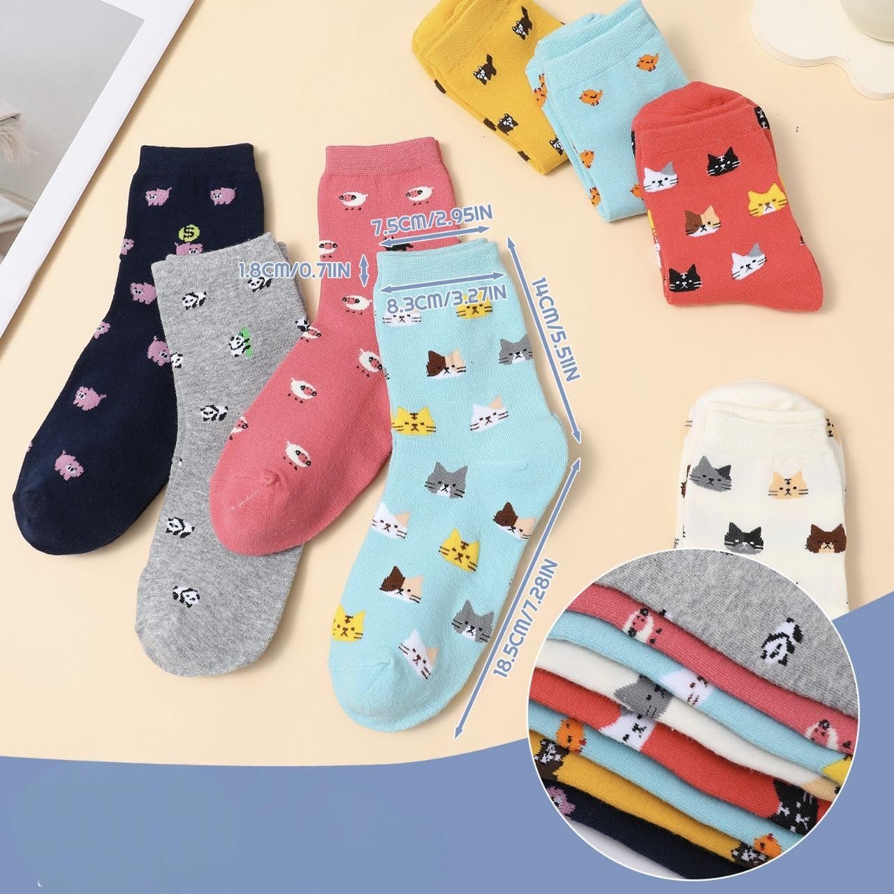 Носки Женские с рисунком 8 пар, размер 35-38, Разноцветные с забавным мультяшным котом, Хлопок, фото №2