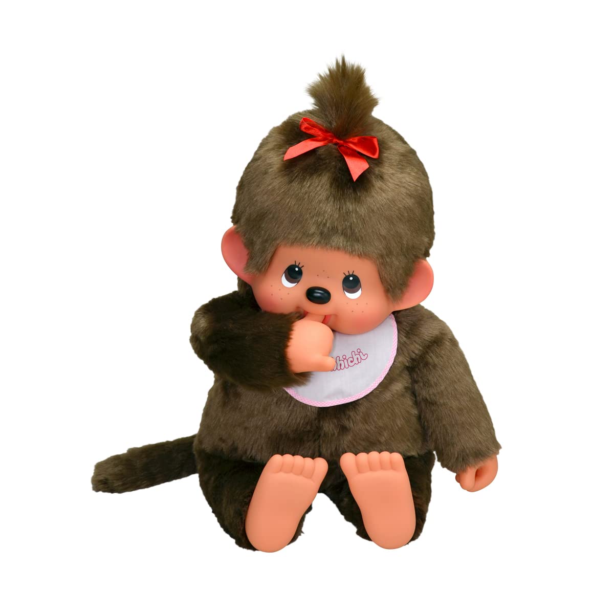 Игрушка Sekiguchi Original Monchhichi Girl с бело-розовым нагрудником и красным бантом в волосах 80 см коричневая плюшевая, фото №1