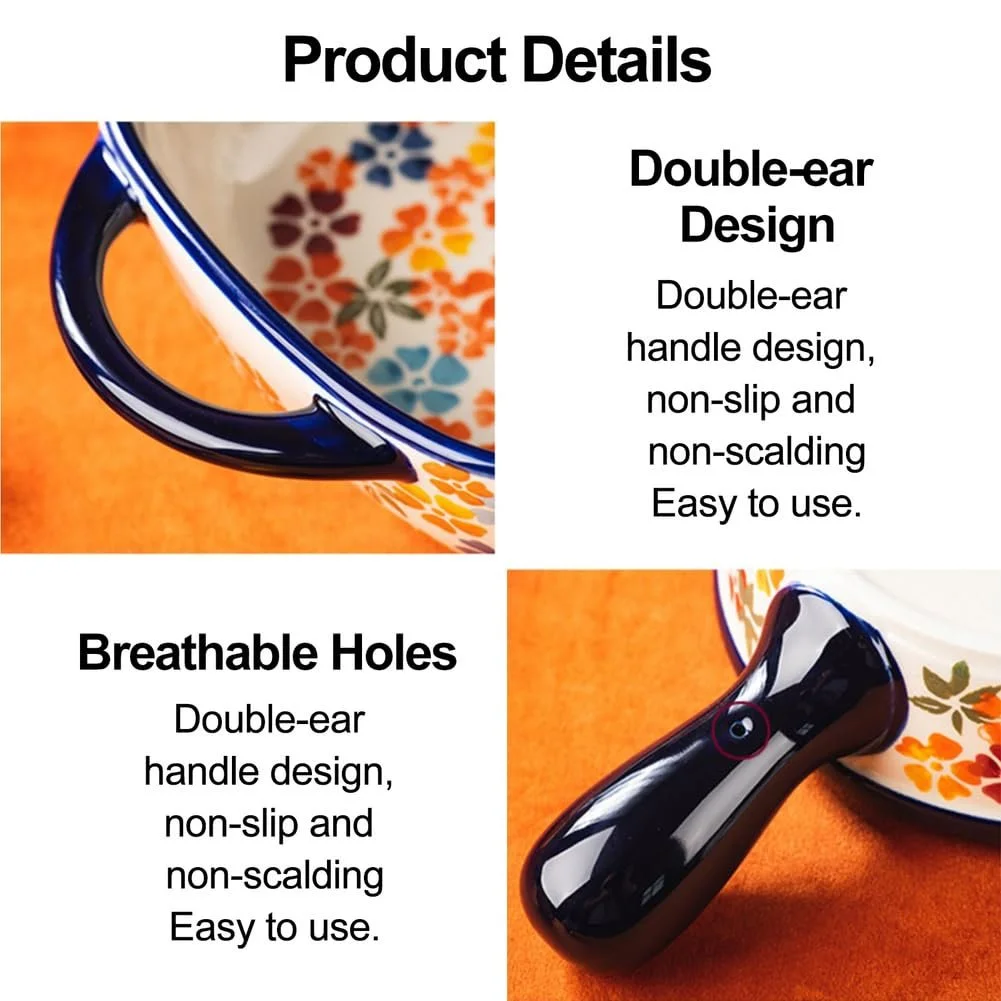 Противень Dxcaicc Керамический с одной ручкой Пятилистный цветок Синий Оранжевый Красный, фото №6