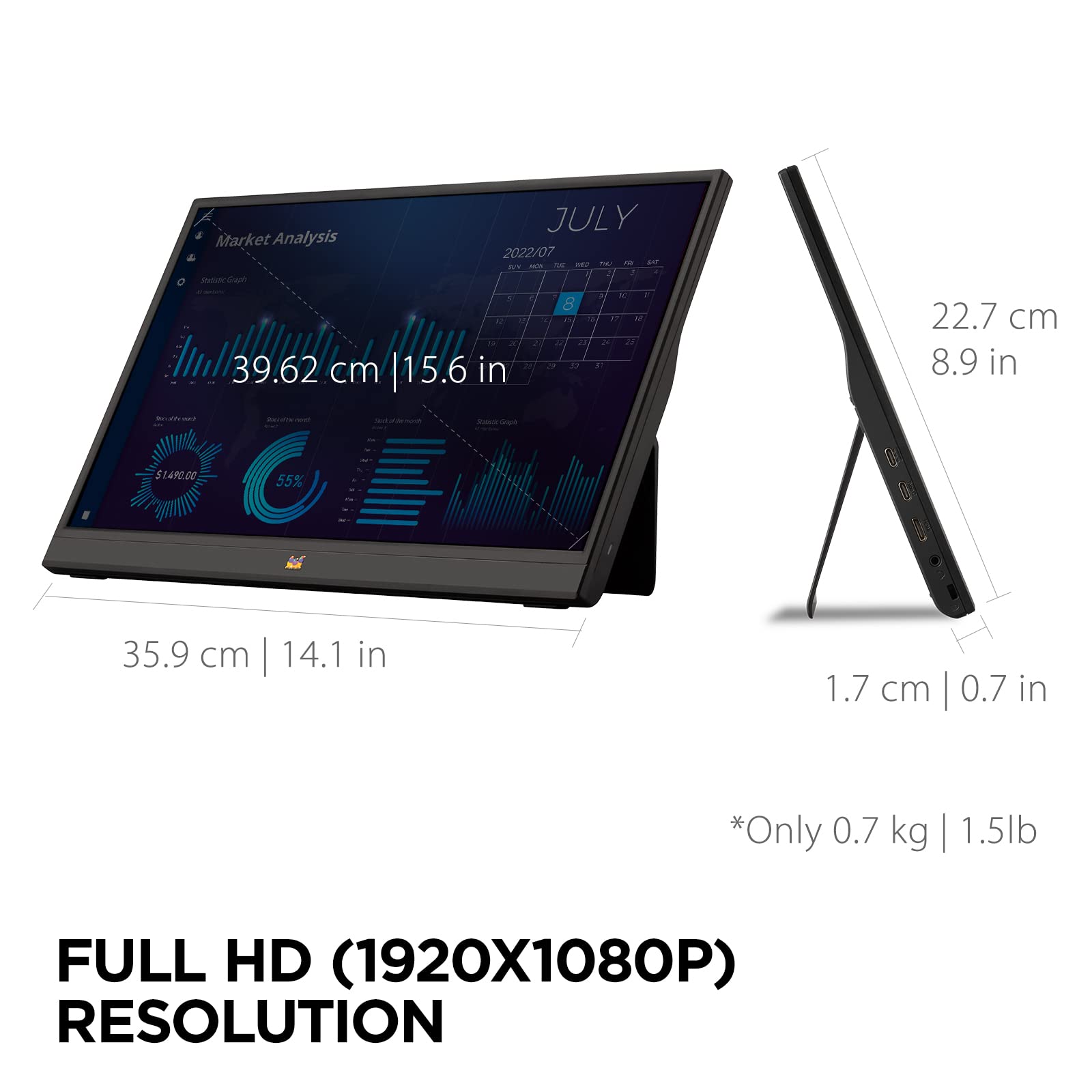 Монитор Viewsonic VA1655 40 см (15.6 дюйма) Портативный Full HD IPS Панель Mini HDMI 2x USB-C для Raspberry Pi/Xbox/PS4/PS5, Динамик, Черный, фото №4