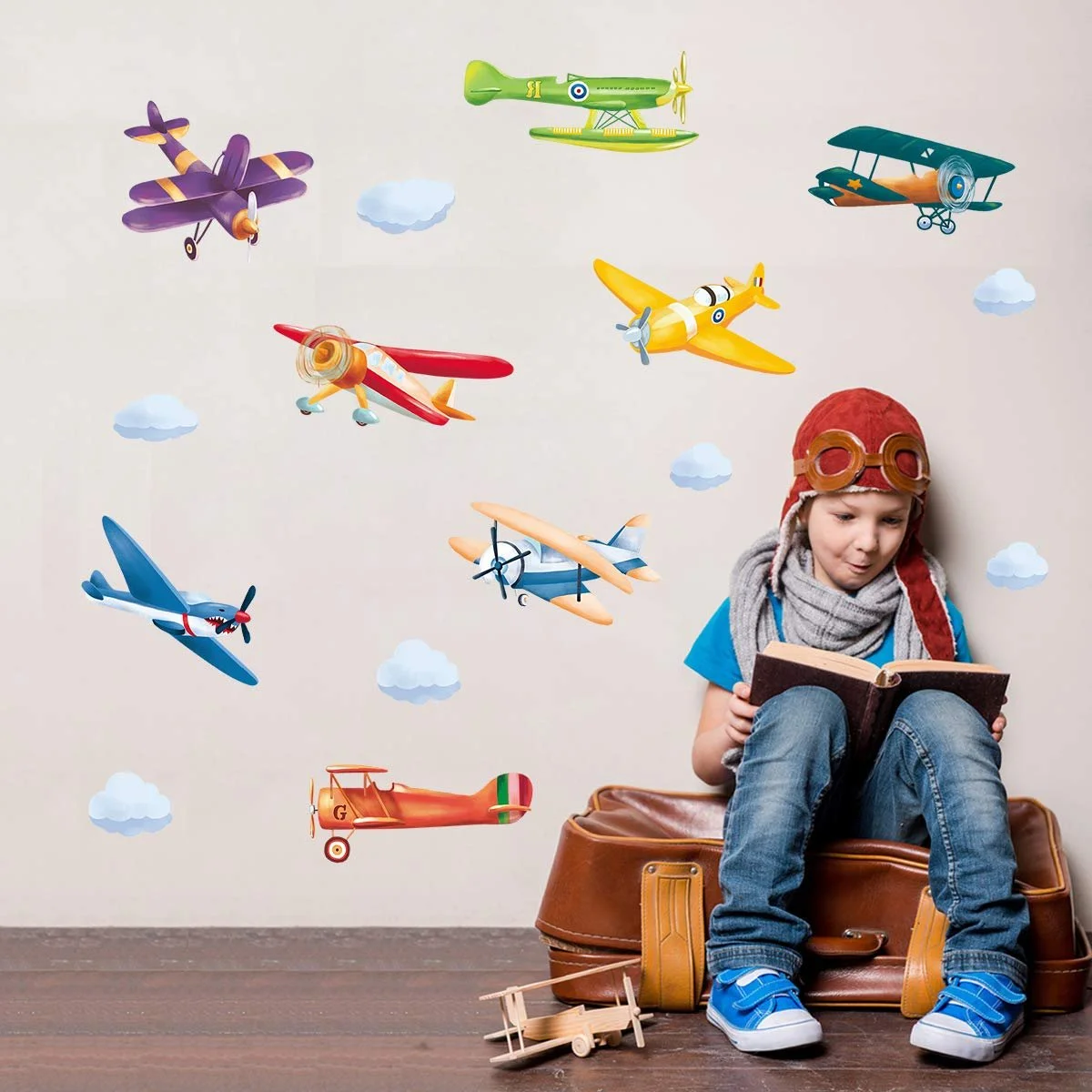 Наклейки на стіну Colourful Planes Aviator Double Decker Кольорові літаки DIY, фото №4 Наклейки на стіну Colourful Planes Aviator Double Decker Кольорові літаки DIY, фото №4