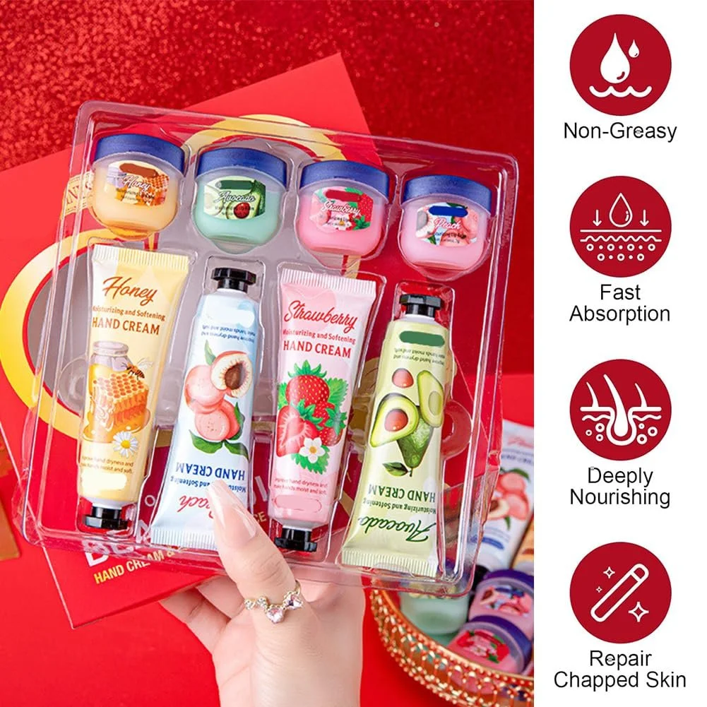 Набор Крем для рук Бальзам для губ, Рождественский набор крема для рук, Рождественский набор для увлажнения и восстановления рук Крем для рук Помада, 4 x Кремы для рук + 4 x Бальзамы для губ, Рождественские подарки для женщин и мужчин, фото №4