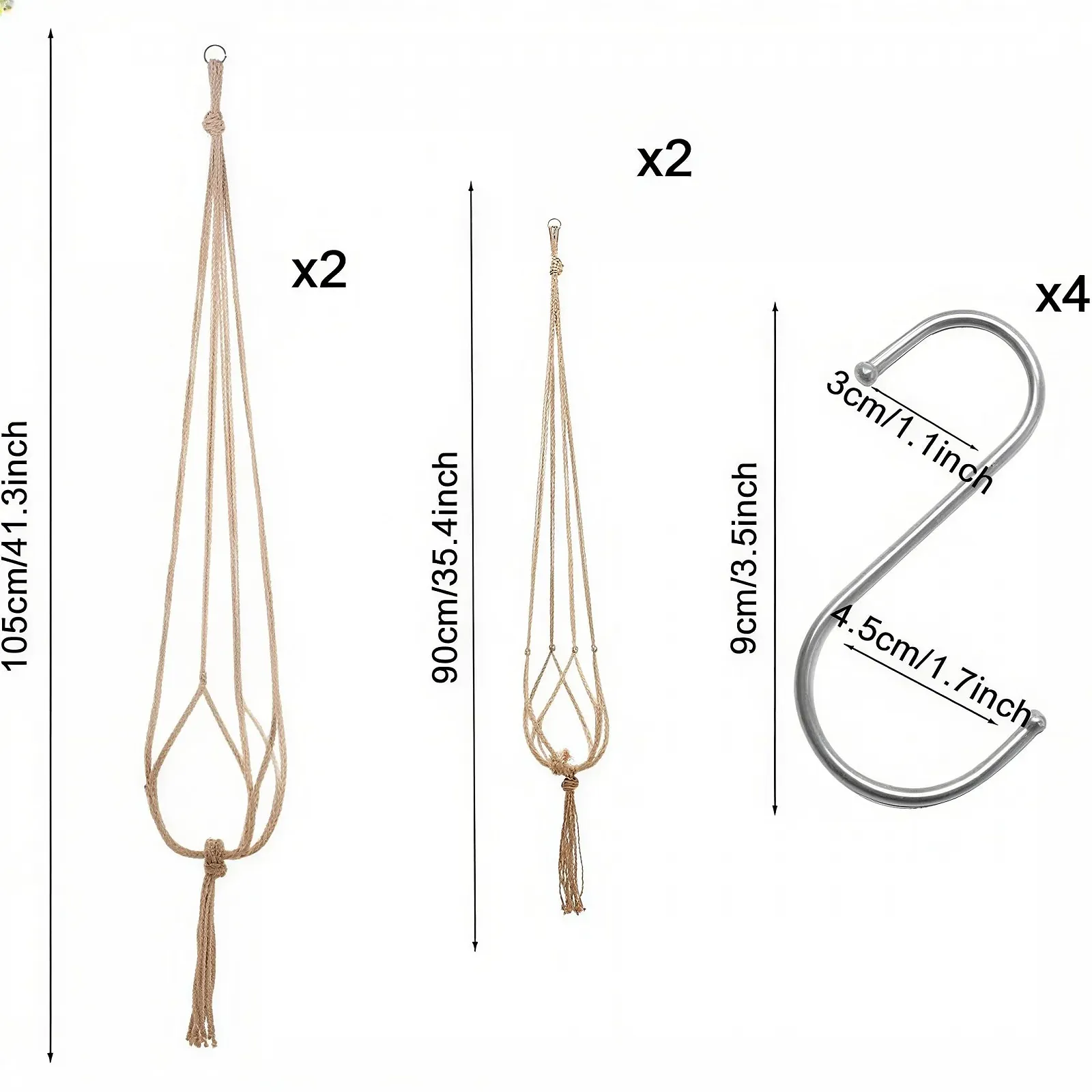 Підвіси для рослин макраме з джутової мотузки, 2 розміри, 4 шт., фото №3 Підвіси для рослин макраме з джутової мотузки, 2 розміри, 4 шт., фото №3