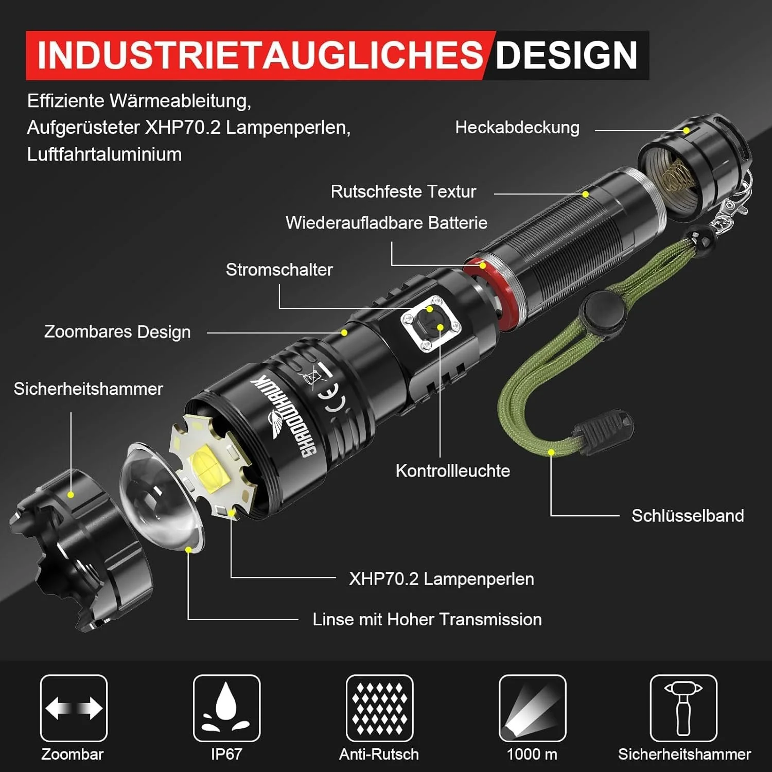 Фонарь Shadowhawk LED XHP70.2 S9322 500000 люмен, тактический, перезаряжаемый, водонепроницаемый IP67, 5 режимов, масштабируемый, фото №7