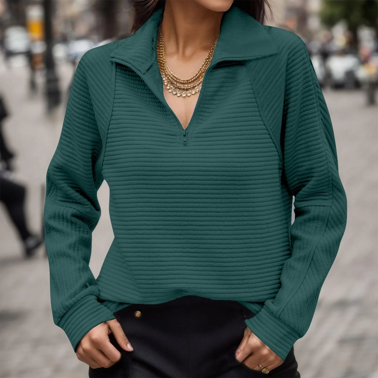 Свитшот на молнии 1/4, Цветной блок, Свободный крой, Y2K воротник, Однотонный, Милый, Длинный рукав, Удобный, С воротником стойкой, Модный западный стиль 2025, фото №2