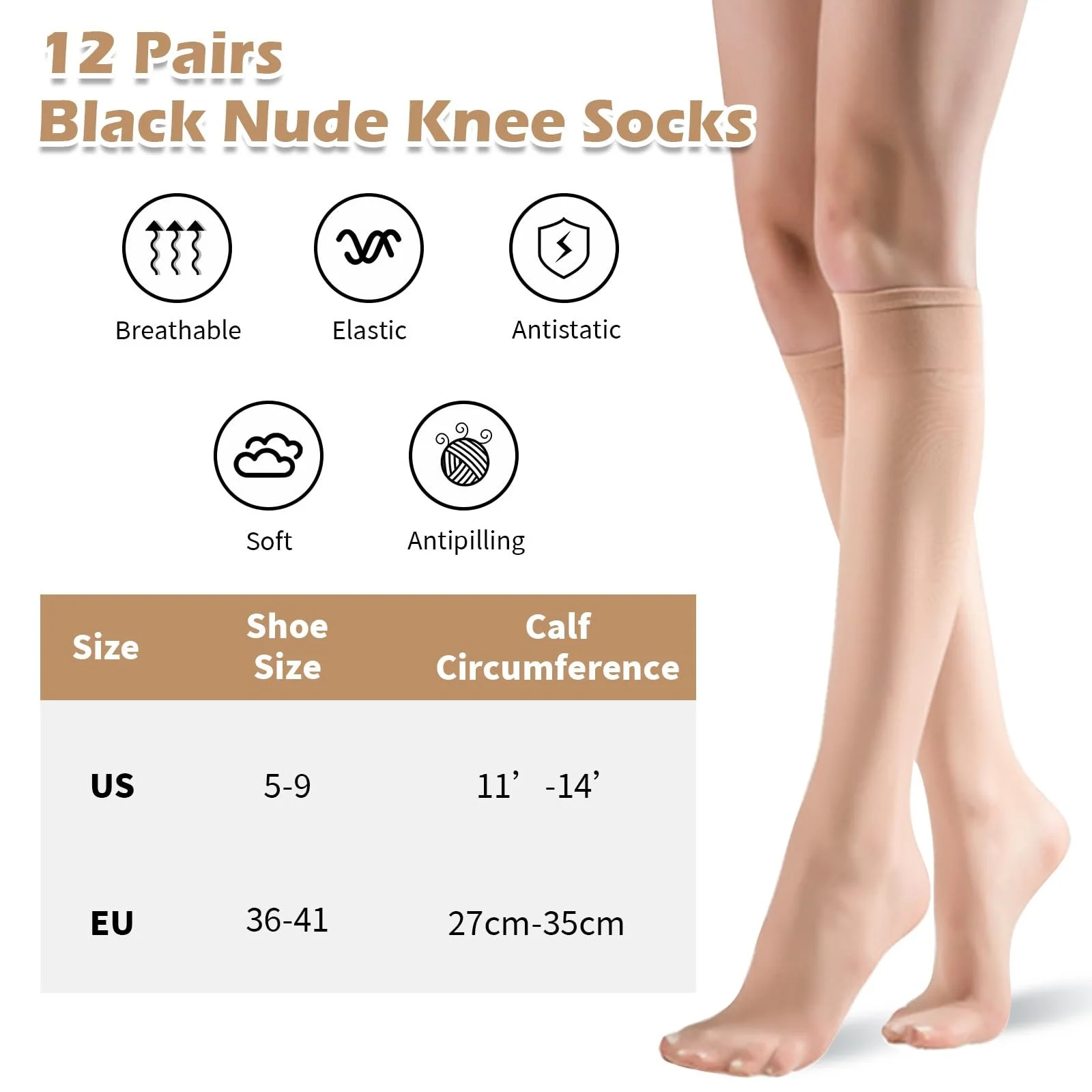 Шкарпетки до колін, 12 пар, Прозорі шкарпетки для жінок, Колір тілесний, Універсальний розмір, фото №5