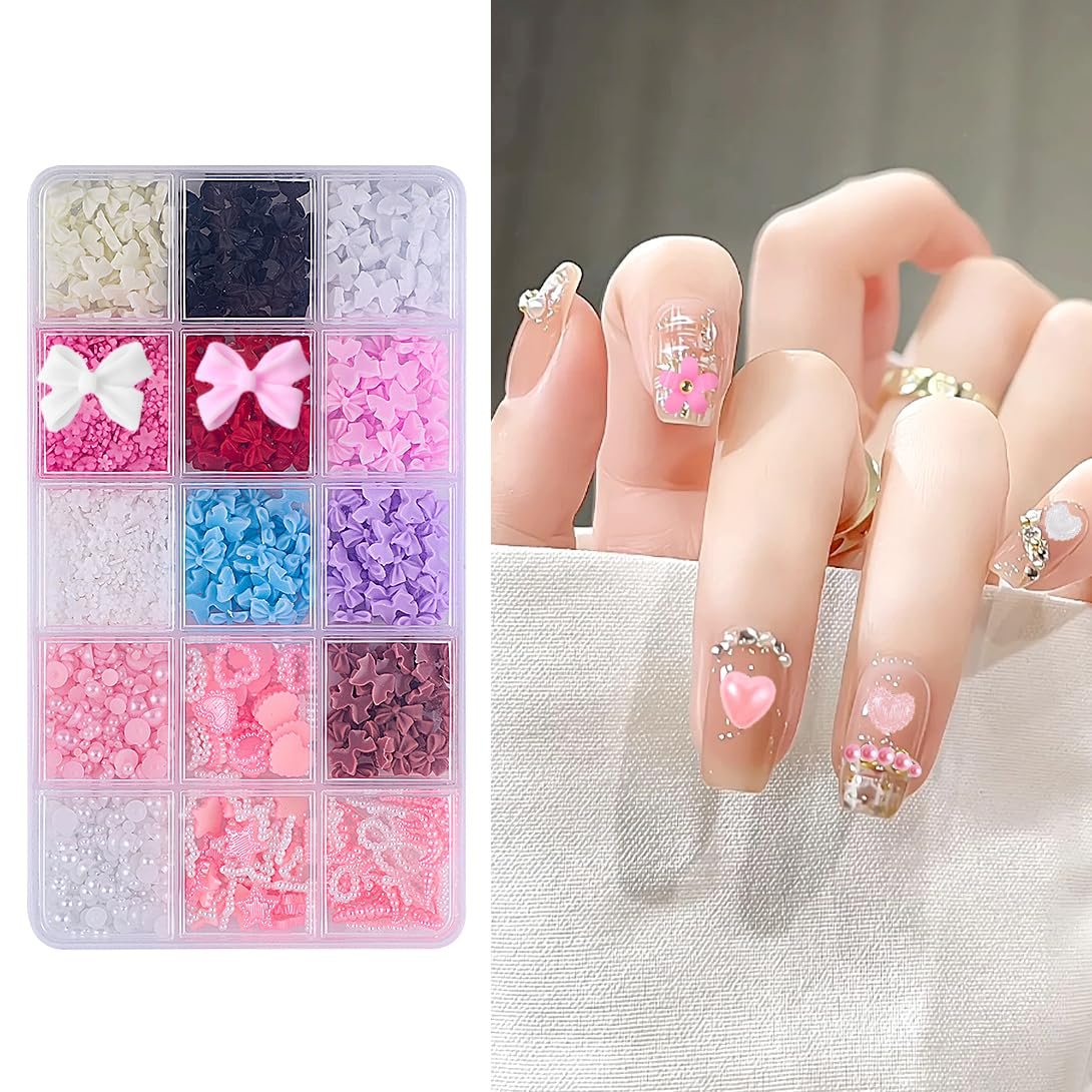 Набір для 3D прикрас для нігтів, 15 відділень, рожево-білі смоляні у вигляді серця, краватки-метелика, квітки, перлин своїми руками, фото №3