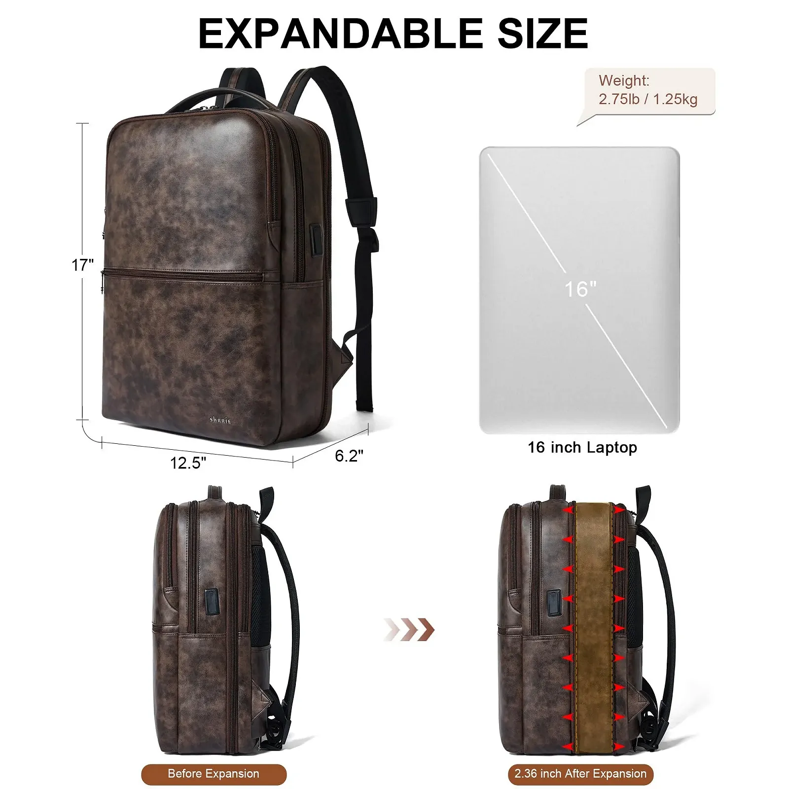 Рюкзак для ноутбука Shrrie Vegan Leather 16 дюймов расширяемый с портом USB, фото №4