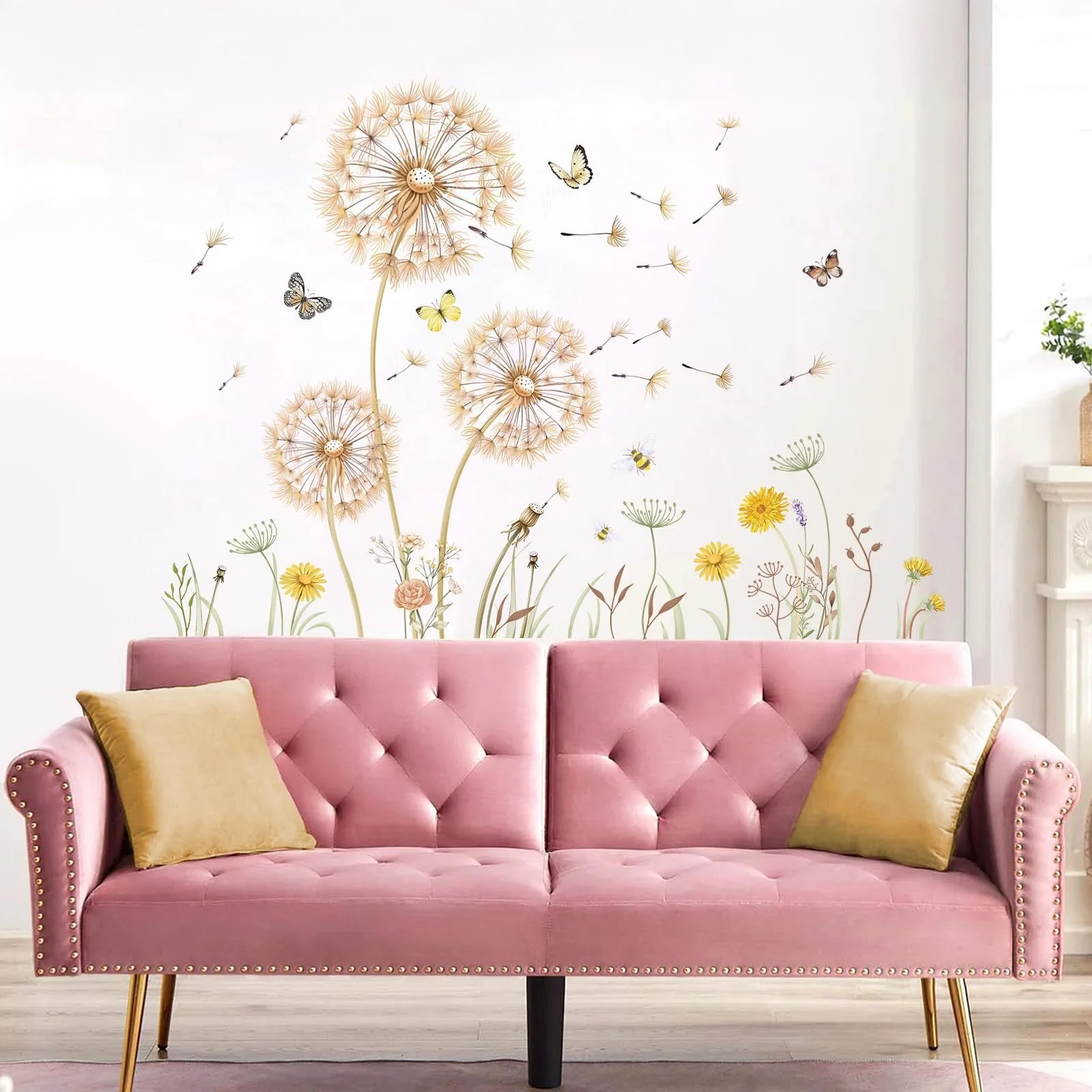 Наклейка на стіну Жовта кульбаба Квіти Метелики Бохо Жовта, фото №4