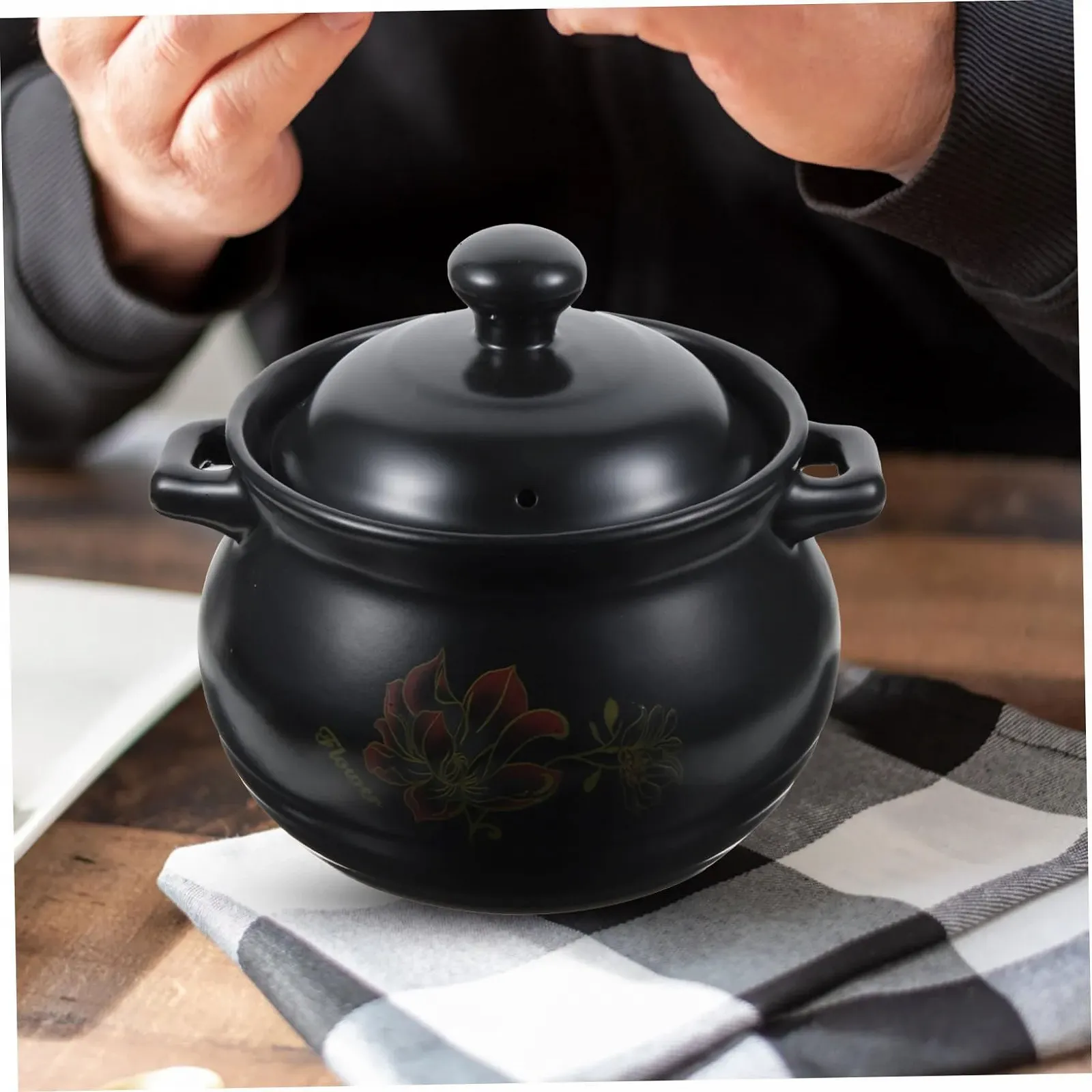 Каструля керамічна термостійка з практичною ручкою чорна, фото №4