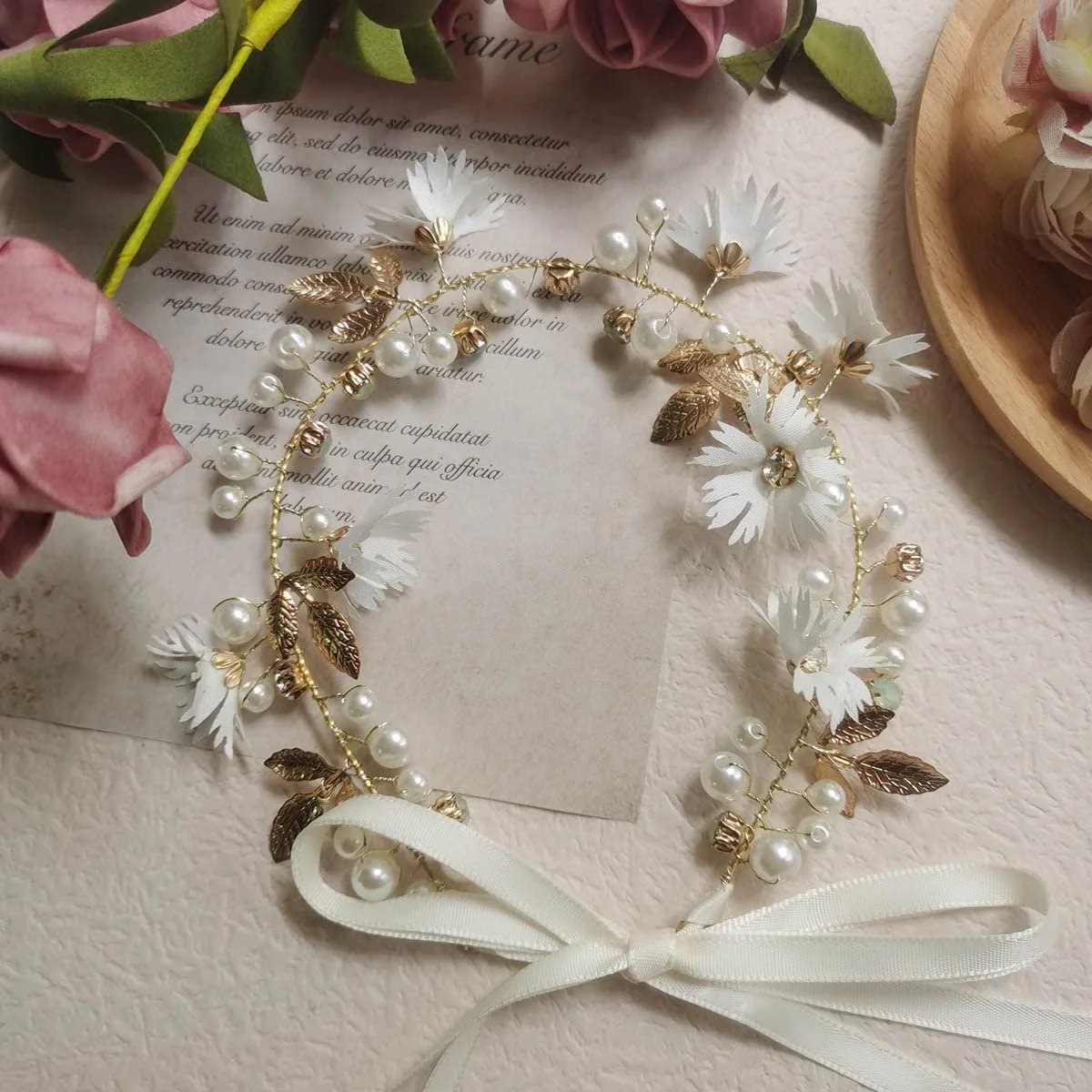 Вінок Квітковий з Перлинами Золотий, фото №4