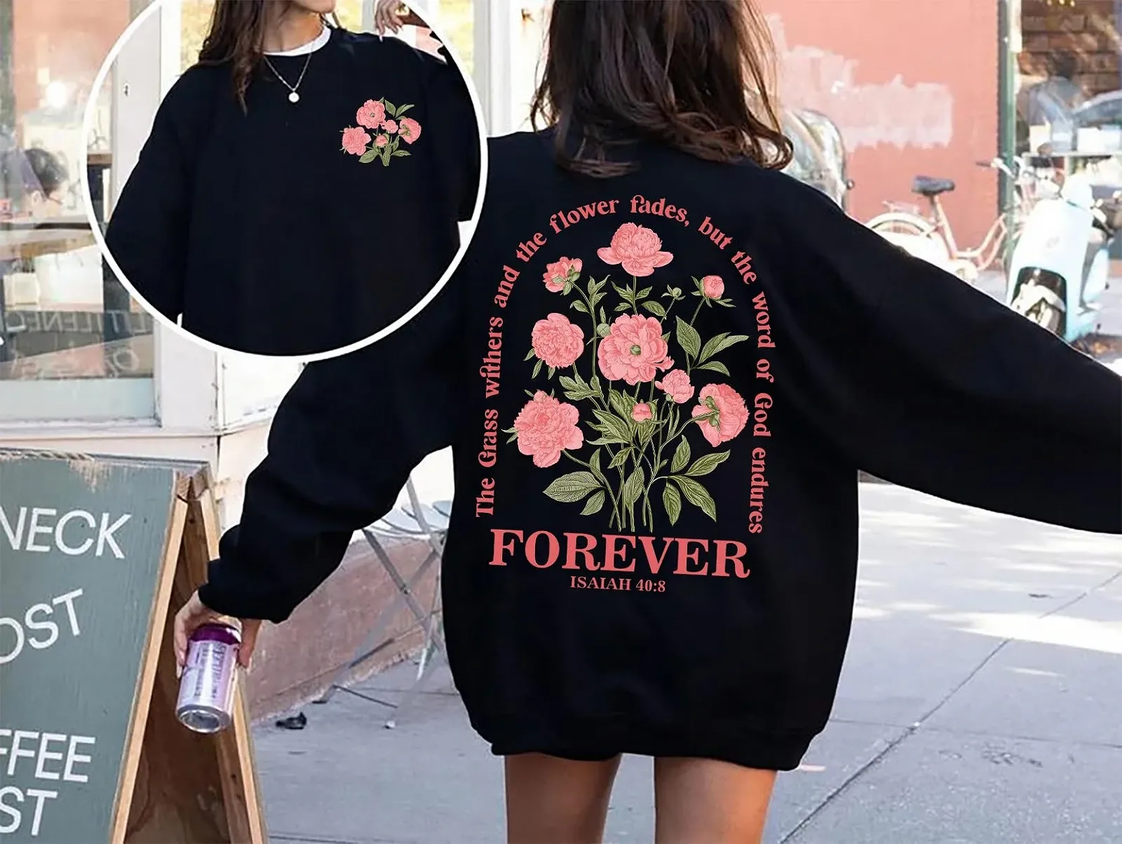 Худі Boho Christian Floral 40:8 Bibelvers Damen Faith Graphic з довгими рукавами, фото №2