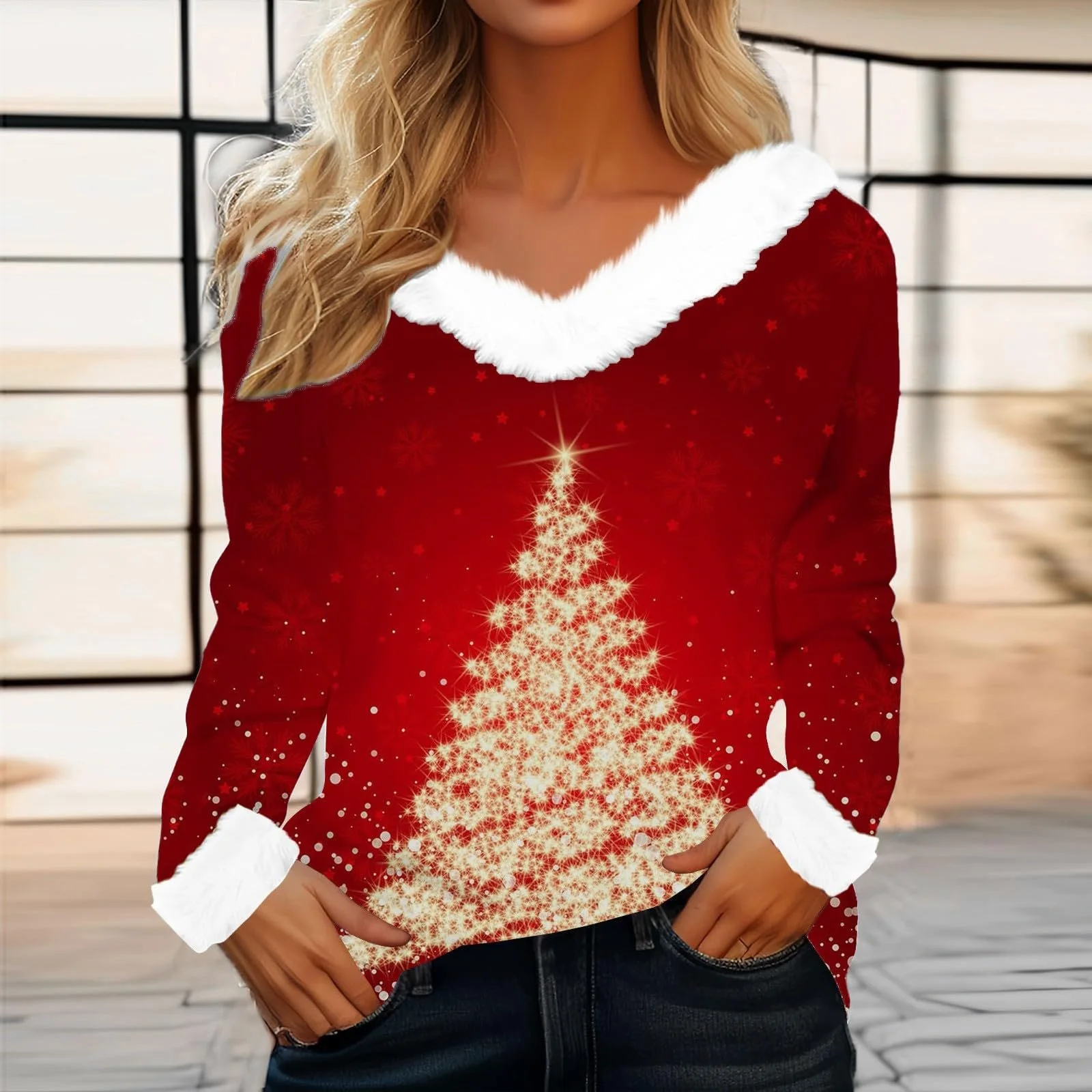 Різдвяний Светр Жіночий Довгий Рукав V-подібний Виріз, фото №2