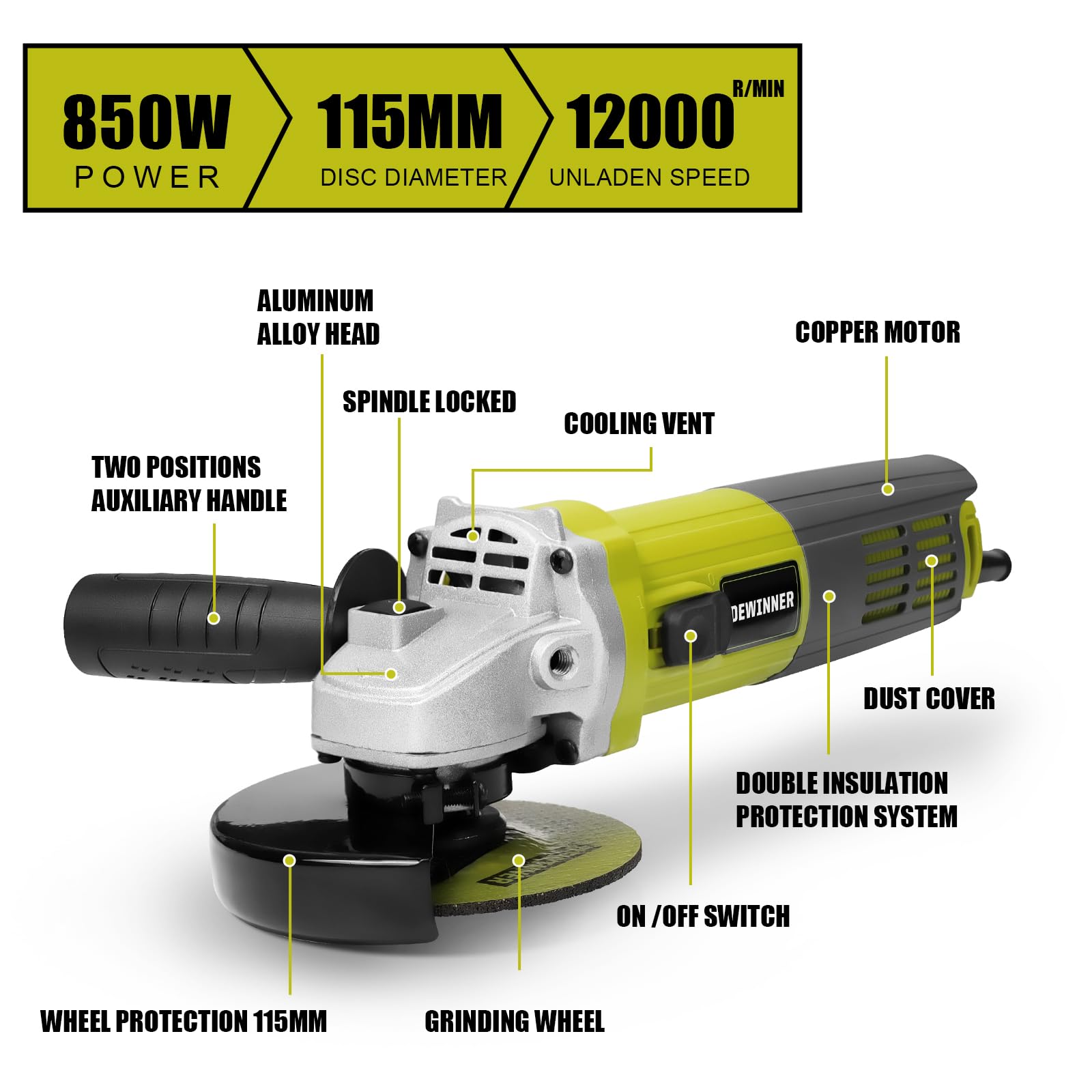 Кутова шліфувальна машина DEWINNER 850W 6 Дисків 115mm Захисний чохол з додатковою ручкою, фото №3