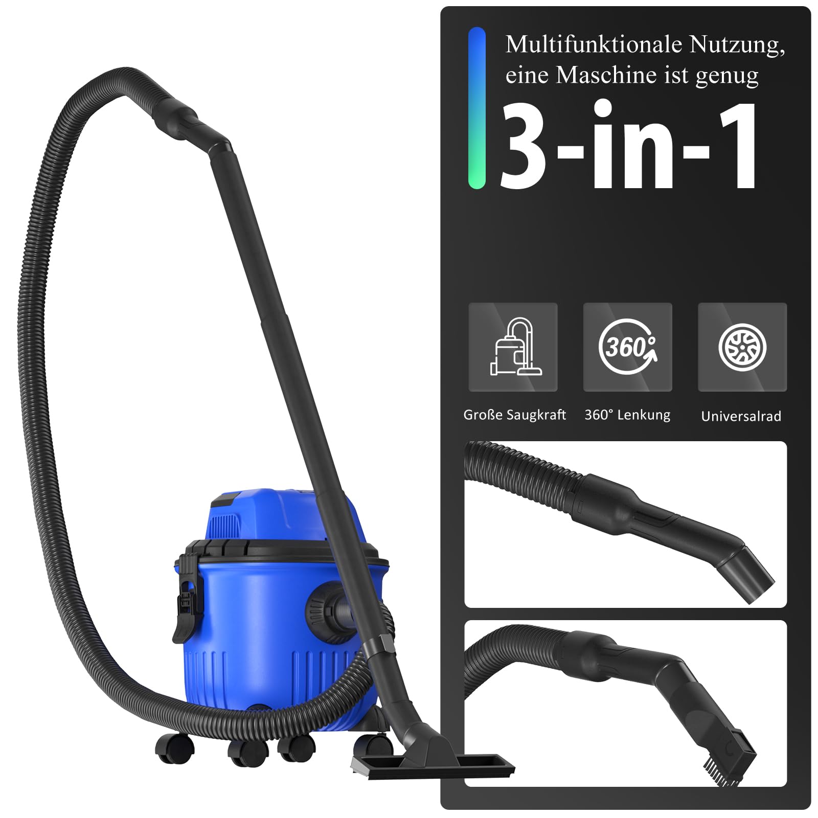 Пилосос для вологого та сухого прибирання Huini 3-в-1 16 кПа 800 Вт 15 л, фото №6