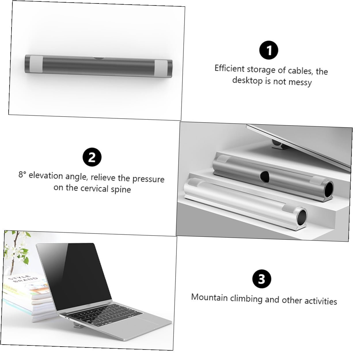 Підставка для ноутбука алюмінієва з нековзними ніжками, тримачем для кабелю та функцією охолодження, регульована по висоті, фото №3