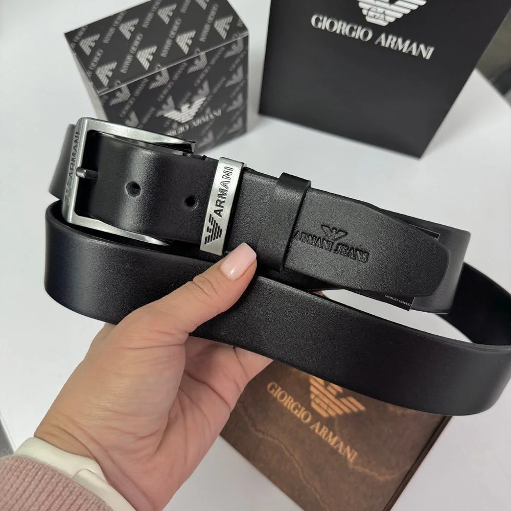Чоловічий ремінь Armani чорний шкіряний пояс, фото №4