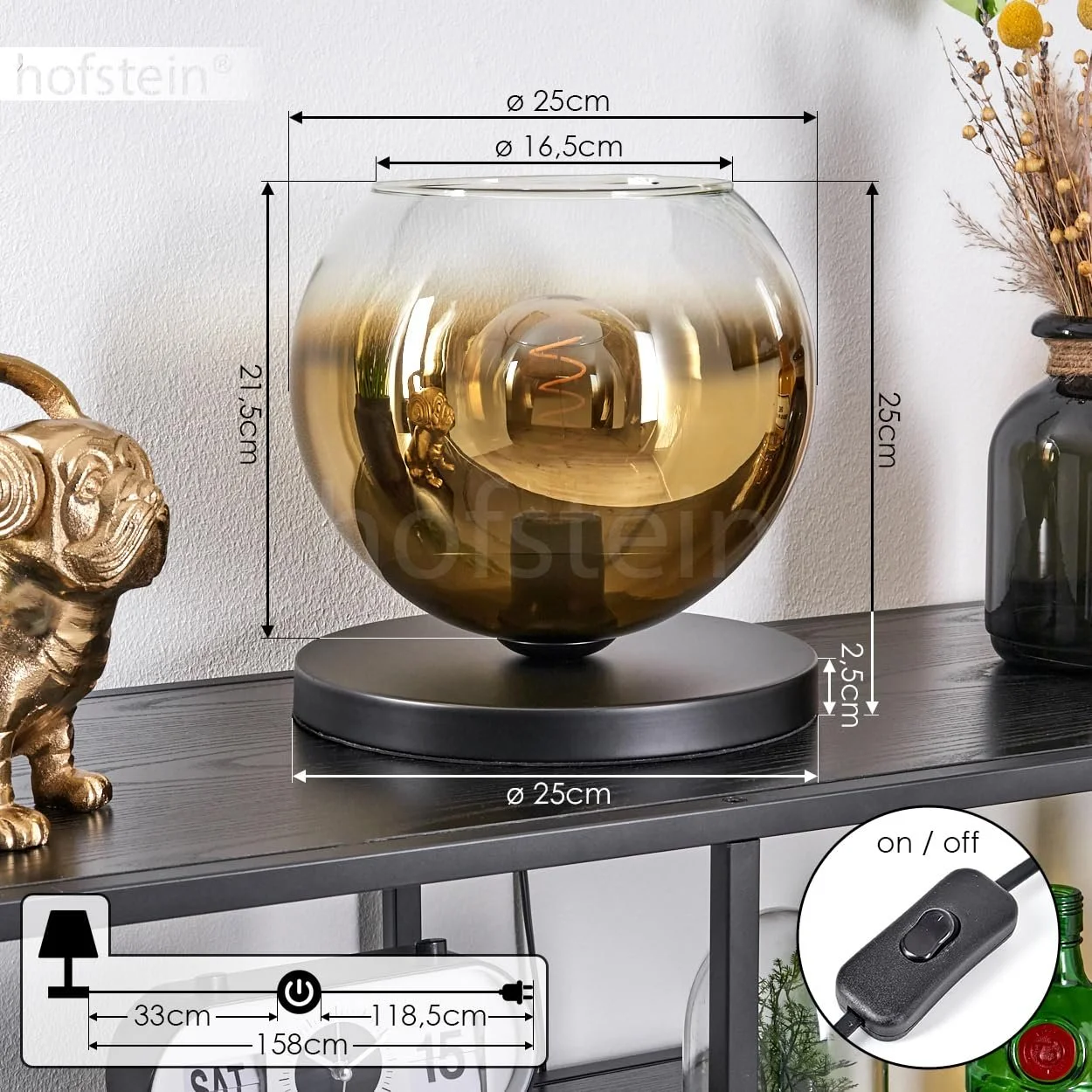 Настільна лампа Koyoto Метал/Скло 25 см E27 Чорний/Золотий/Прозорий, фото №5