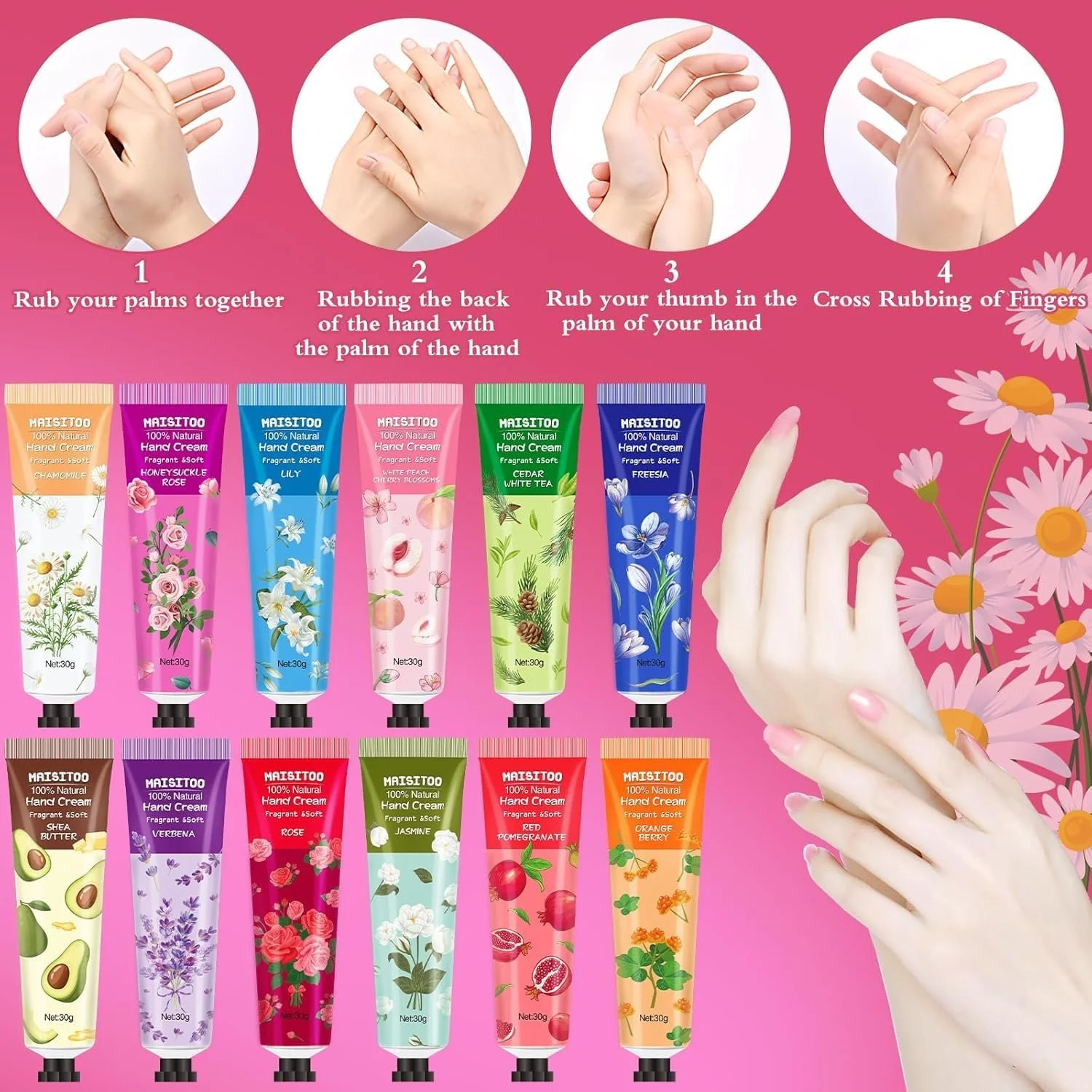 Крем для рук Набір 12 шт Міні крем для рук Роза, ромашка, масло ши, фрезія, апельсин, фото №4