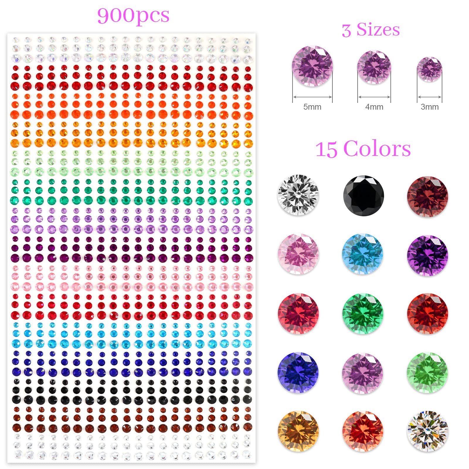 Стразы Самоклеящиеся блестящие стразы для лица с пинцетом для DIY макияжа лица, украшения для ногтей и праздничные аксессуары, 3 мм, 4 мм, 5 мм (900 штук в упаковке), фото №4