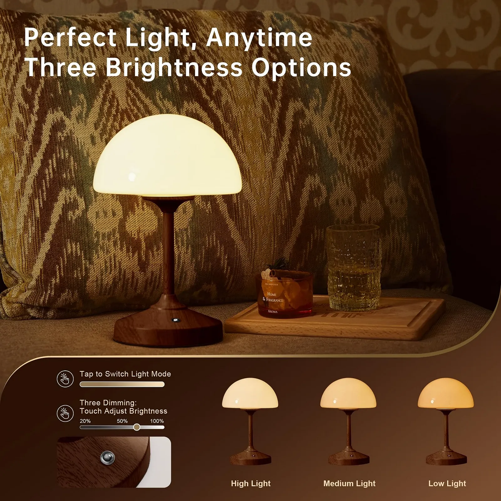 Настольная лампа Dawnwake LED Mushroom аккумуляторная 5000 mAh сенсорная Walnut, фото №4