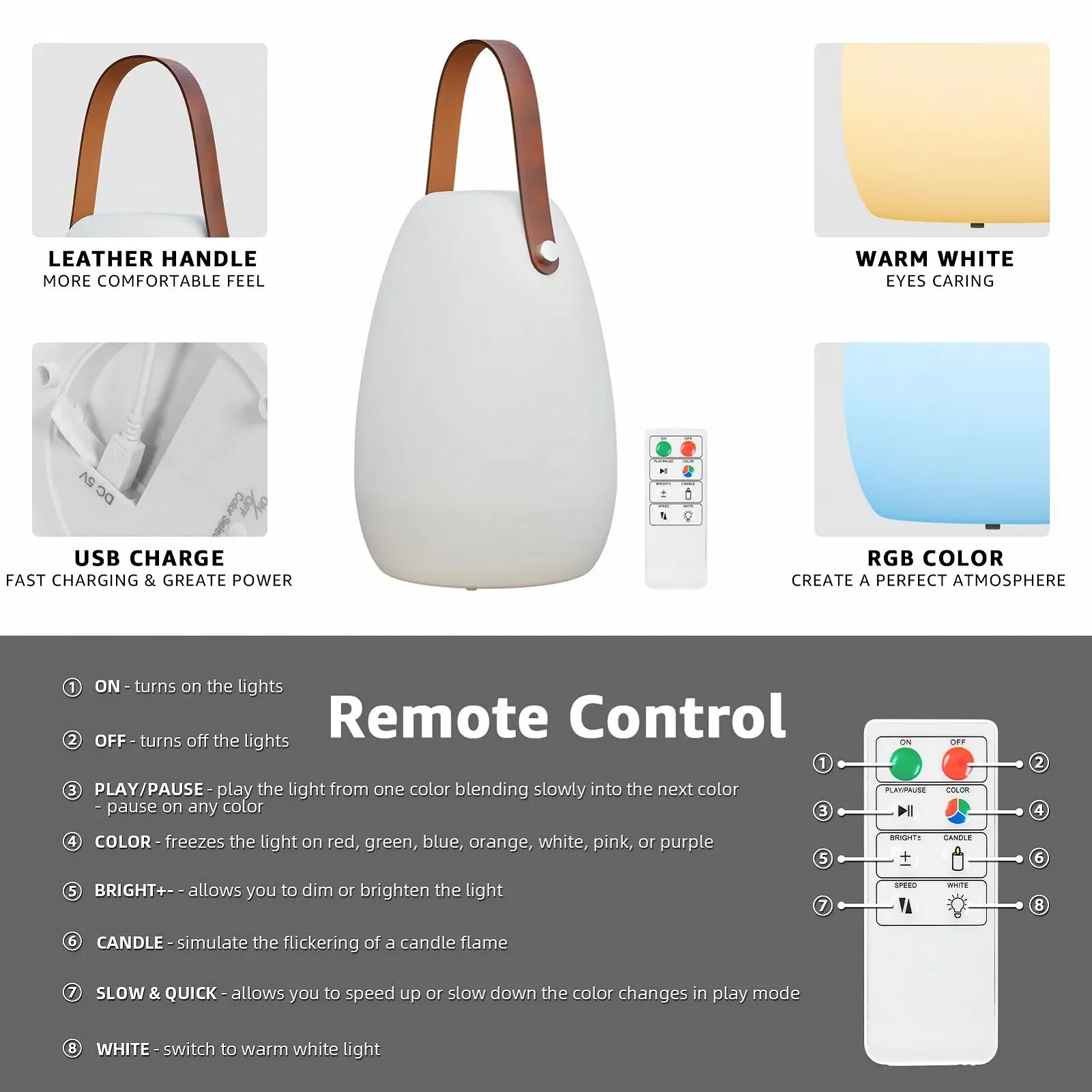 Вулична настільна лампа FUYO Smooth LED Battery 8 Colors Dimmable Leather Handle Warm White, фото №4