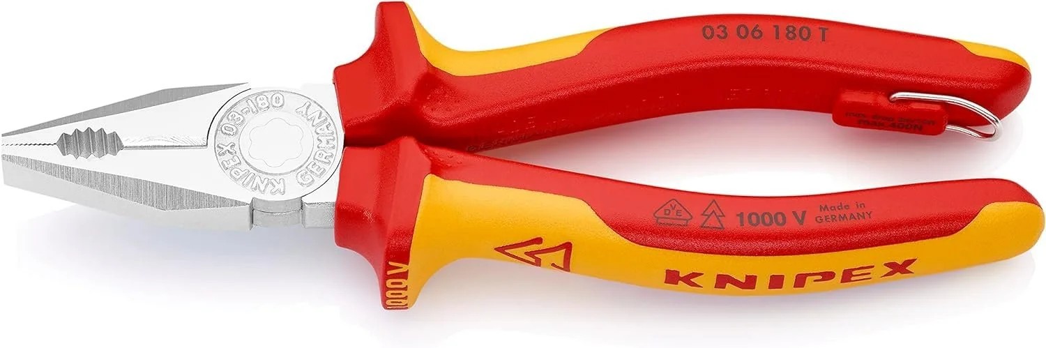 Плоскогубцы комбинированные Knipex 03 06 180 T с изолированными ручками с точкой крепления, желтый/синий/серебряный, 180 мм, фото №1 Плоскогубцы комбинированные Knipex 03 06 180 T с изолированными ручками с точкой крепления, желтый/синий/серебряный, 180 мм, фото №1