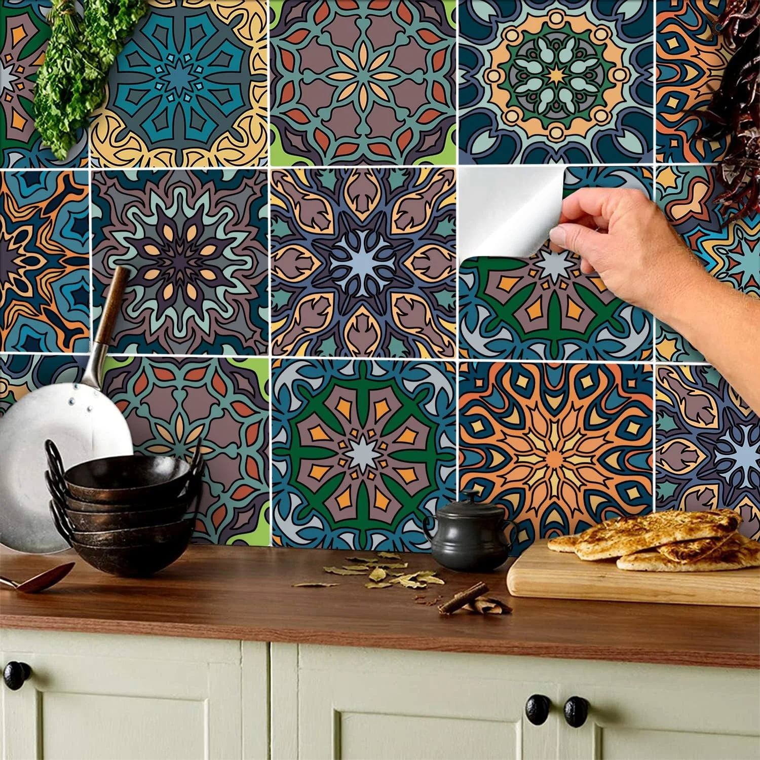 Наклейки для плитки TOARTI Набір 18 шт Мозаїка Марокко Водонепроникні Самоклеючі 15 x 15 см Кольорові, фото №1