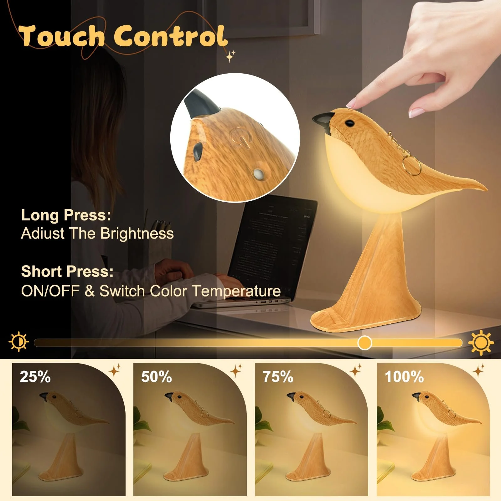 Настільна лампа LAVAED Stand Bird сенсорна акумуляторна USB Жовтий, фото №4