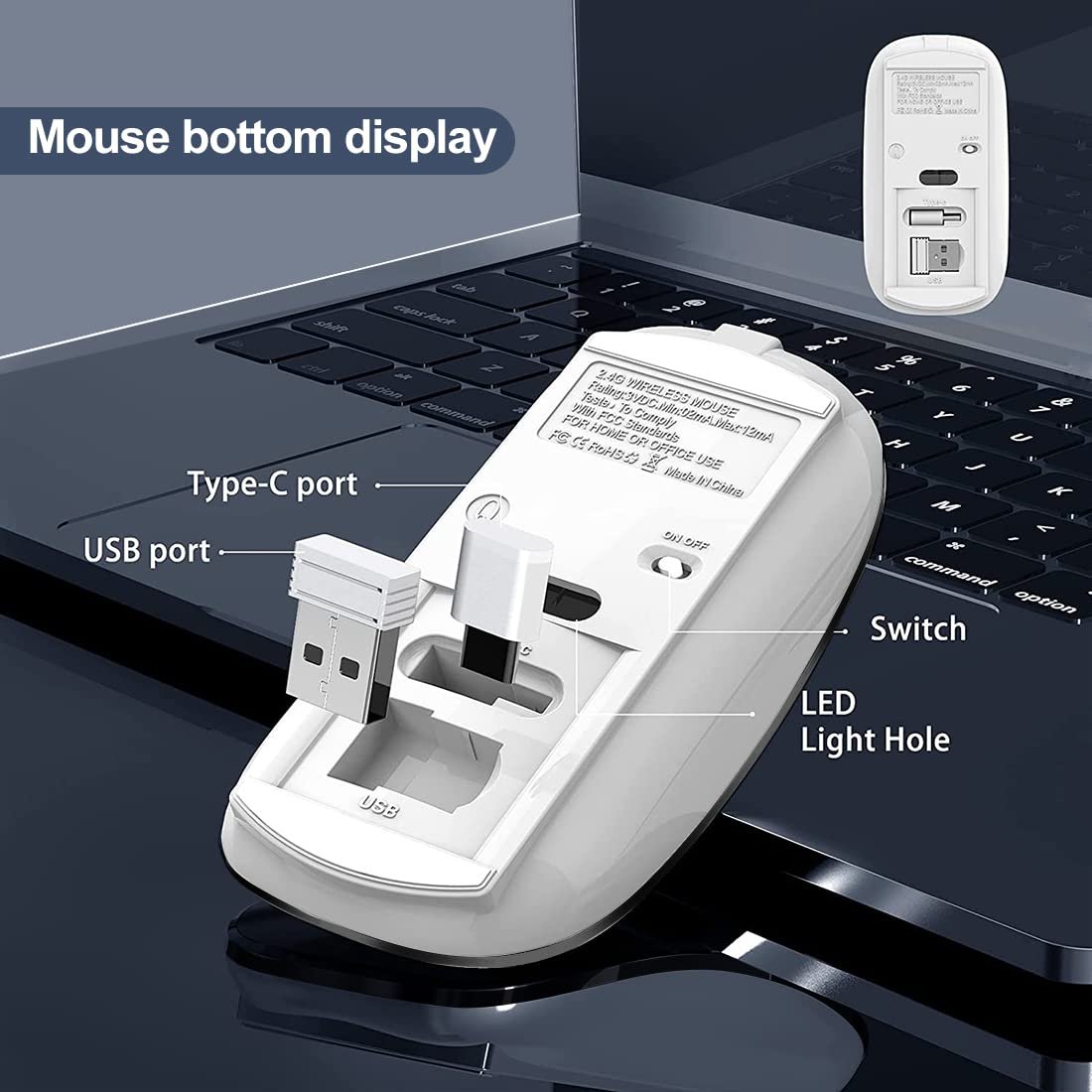 Мышь Беспроводная для ноутбука Перезаряжаемая, Портативная 2.4 GHz с USB/USB-C Двумя Приемниками для компьютера, фото №7