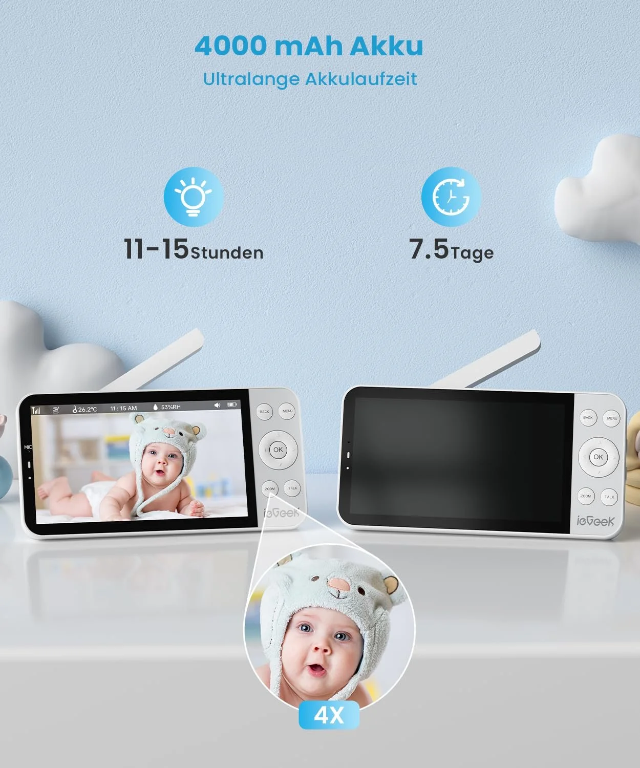 Відеоняня ieGeek 2.5 K/4MP 5.5 дюйма WiFi PTZ 360°/100° AI Detection, фото №7