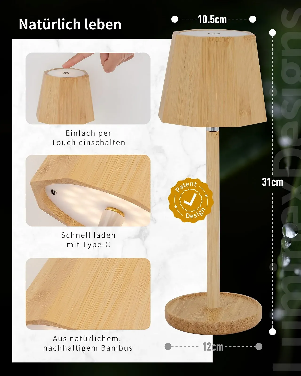 Настільна лампа LED Vintage Bamboo Boho бездротова сенсорна IP54 5200 mAh Дерев'яна, фото №6