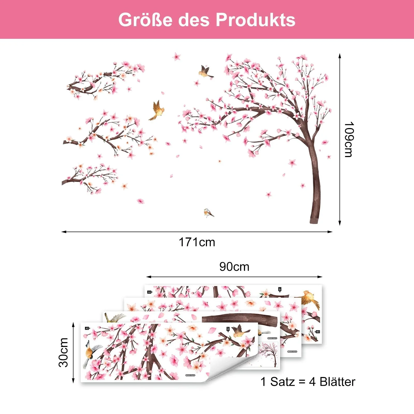 Наклейка на стіну Вишневий цвіт Птахи на гілці 171 Рожевий, фото №2
