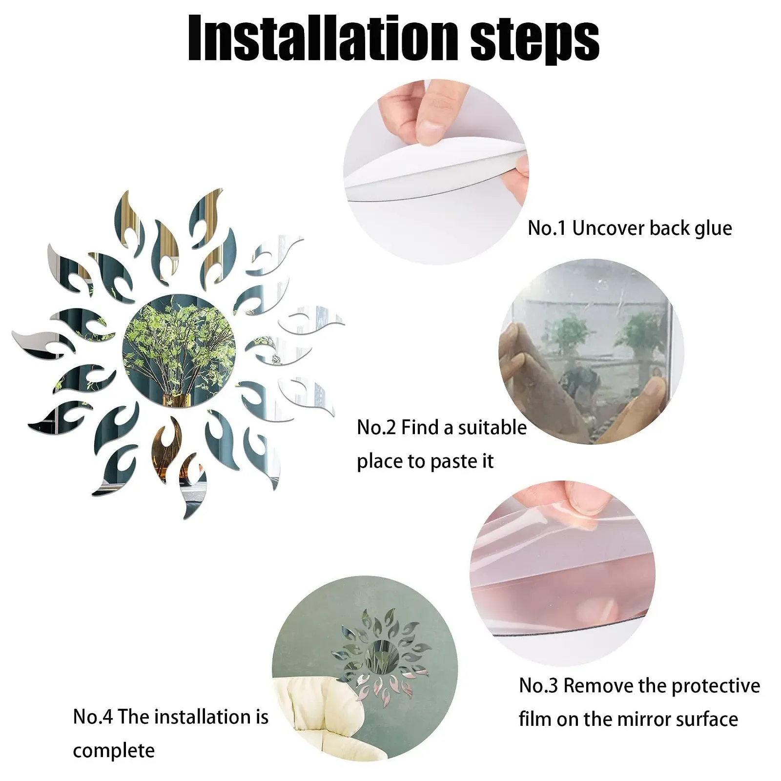 Наклейки на стіну Zoyiancy 3D Соняшник Дзеркальні акрилові Сріблясті Medium, фото №4