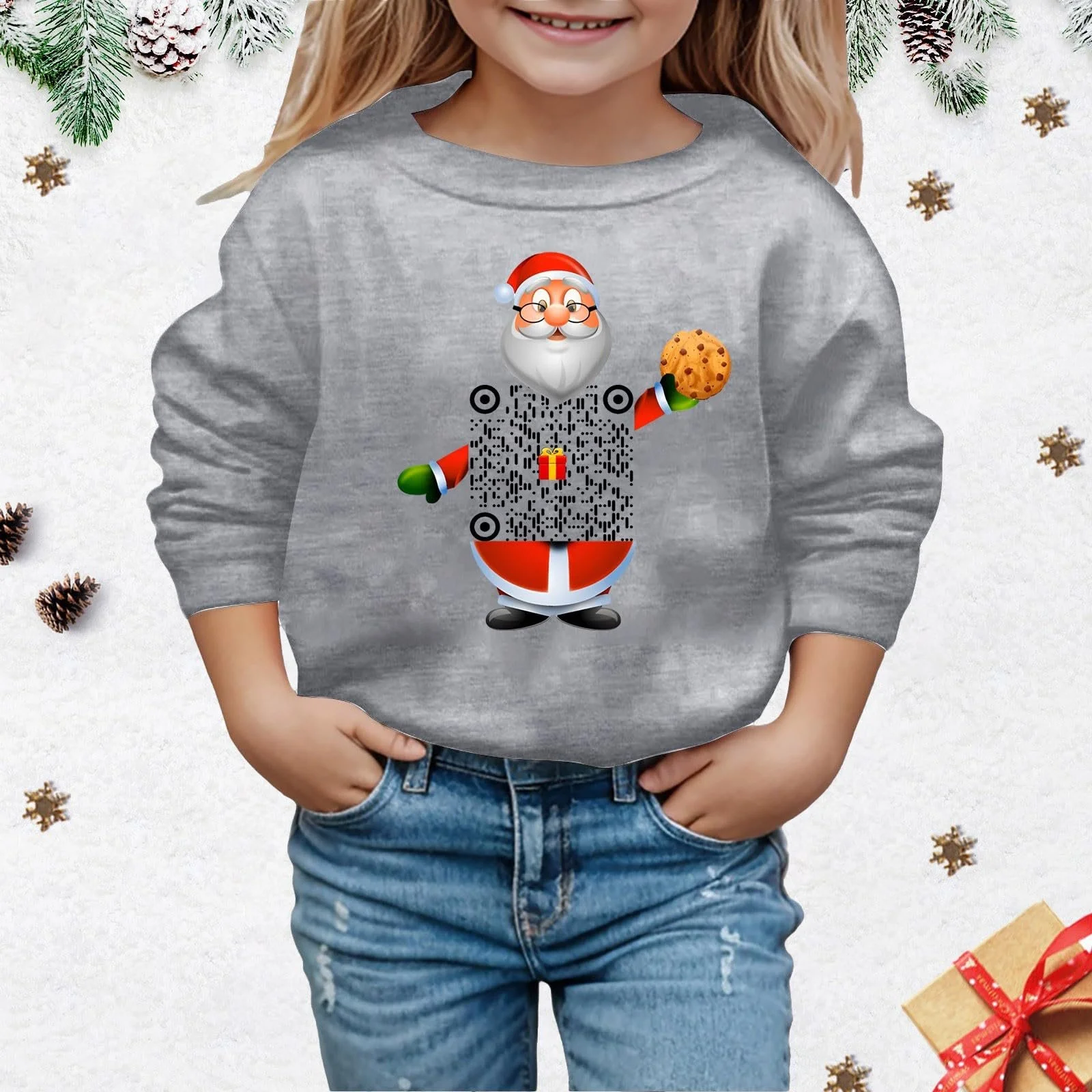 Різдвяний світшот, толстовка з довгими рукавами, круглим вирізом і різдвяним принтом з QR-кодом для дітей, фото №3