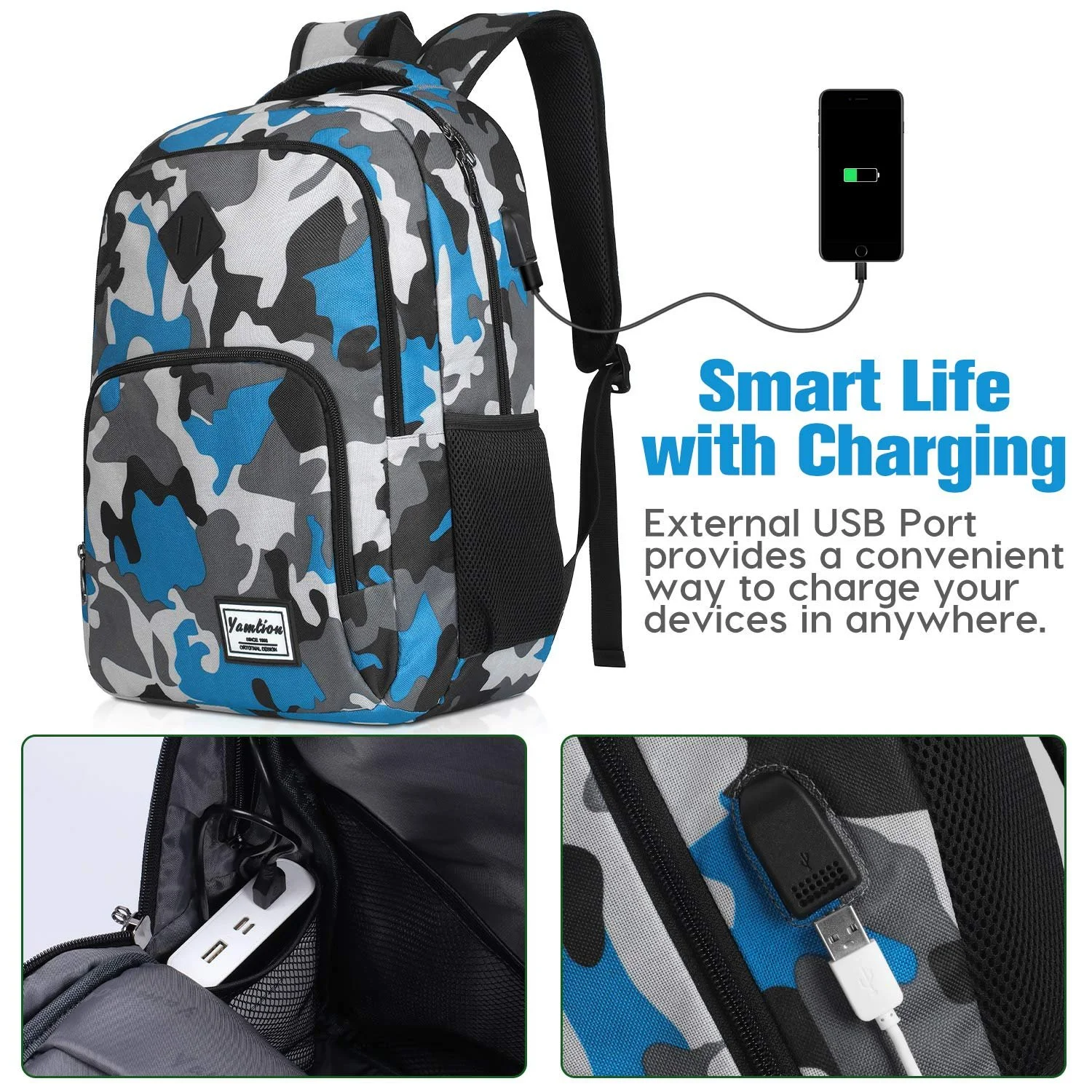 Рюкзак для ноутбука YAMTION Zzz6 35 л камуфляжний синій з USB-портом, фото №2 Рюкзак для ноутбука YAMTION Zzz6 35 л камуфляжний синій з USB-портом, фото №2