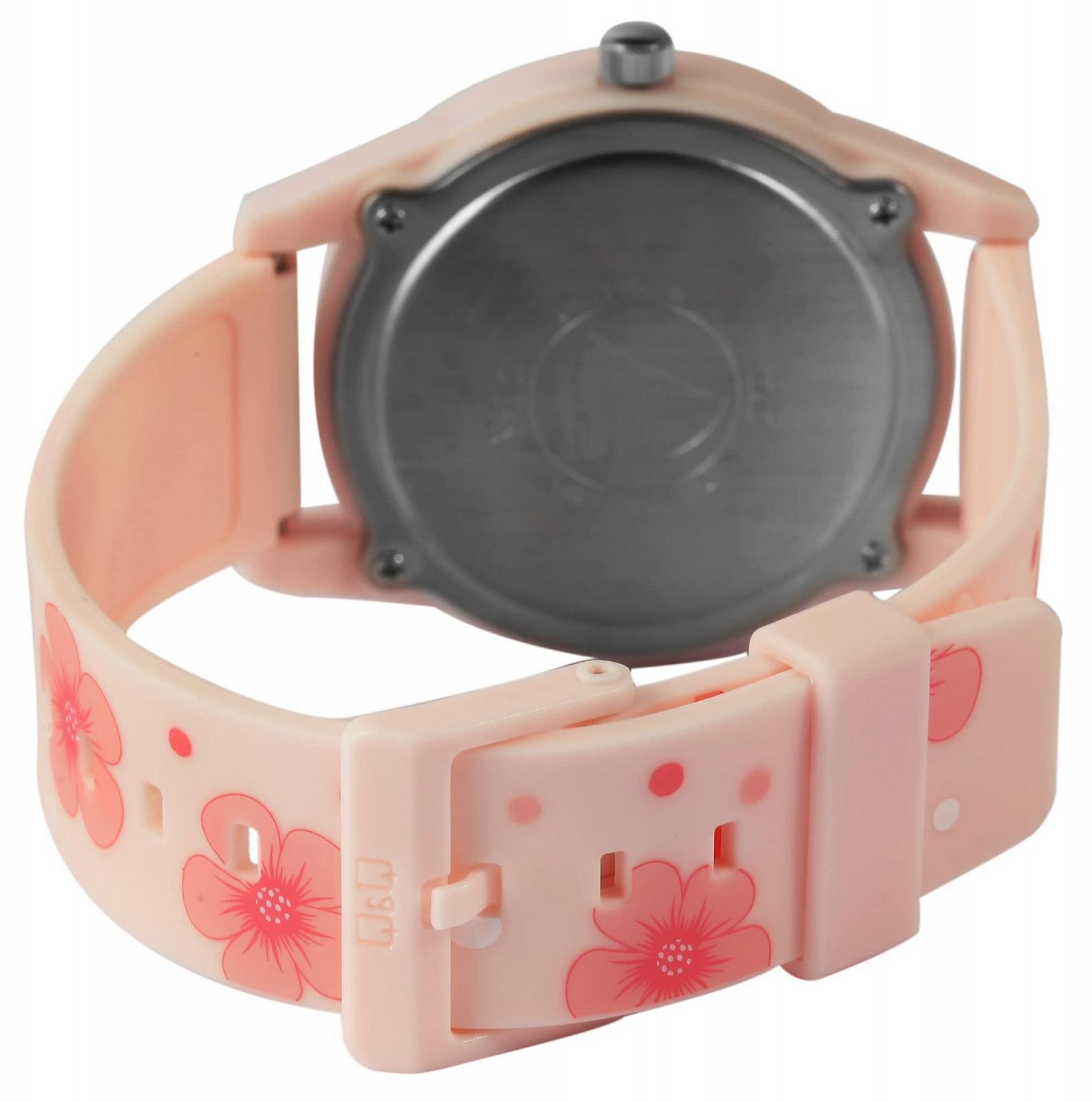 Женские часы Q&Q V08A-004VY, розовые с цветочным узором, аналоговые, кварцевые, силиконовый ремешок с застежкой-пряжкой, 10 Bar, фото №4