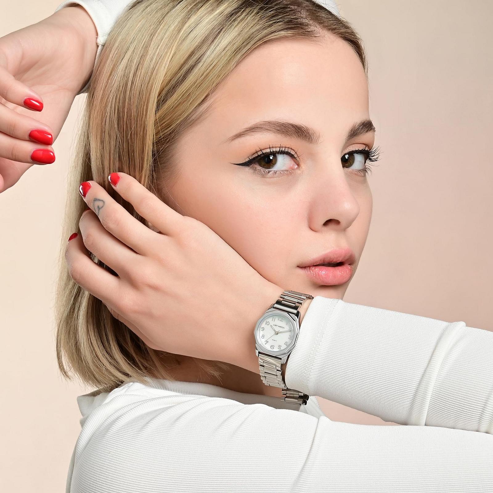 Часы Женские Just Watch Hygla с Браслетом из Нержавеющей Стали, Восьмиугольная Форма Корпуса, Золотой, Перламутровый Циферблат, фото №5