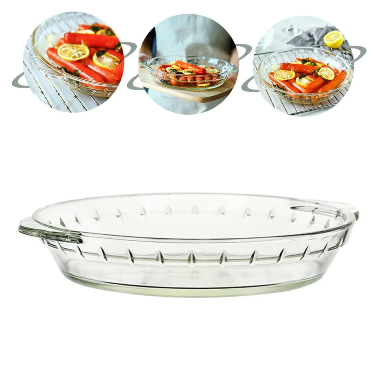 Тарілка для подачі прозора термостійка із загартованого скла для мікрохвильової печі із захистом ручок, фото №3