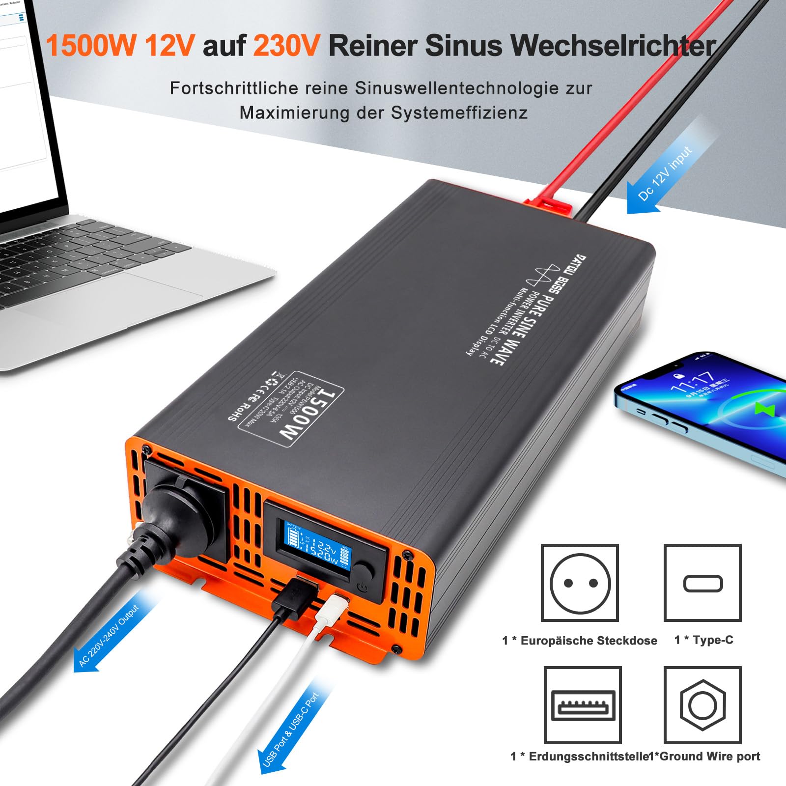 Инвертор DATOUBOSS Pure Sine Wave 1500 W/3000 W 24 В/230 В с EU розетками, USB/USB-C и LCD Дисплеем, фото №2