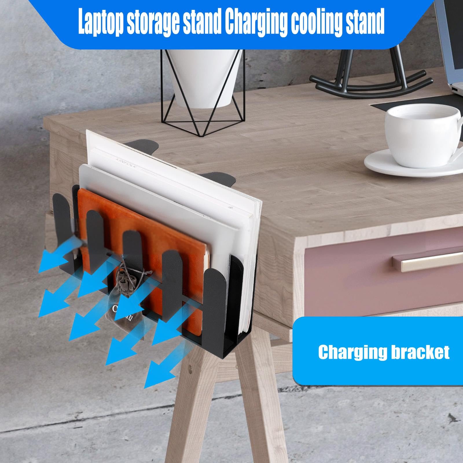 Регулируемая Подставка для Ноутбука с Охлаждением, Металлическая Подставка для Ноутбука для Организации Рабочего Стола и Аксессуаров для Зарядки, фото №4
