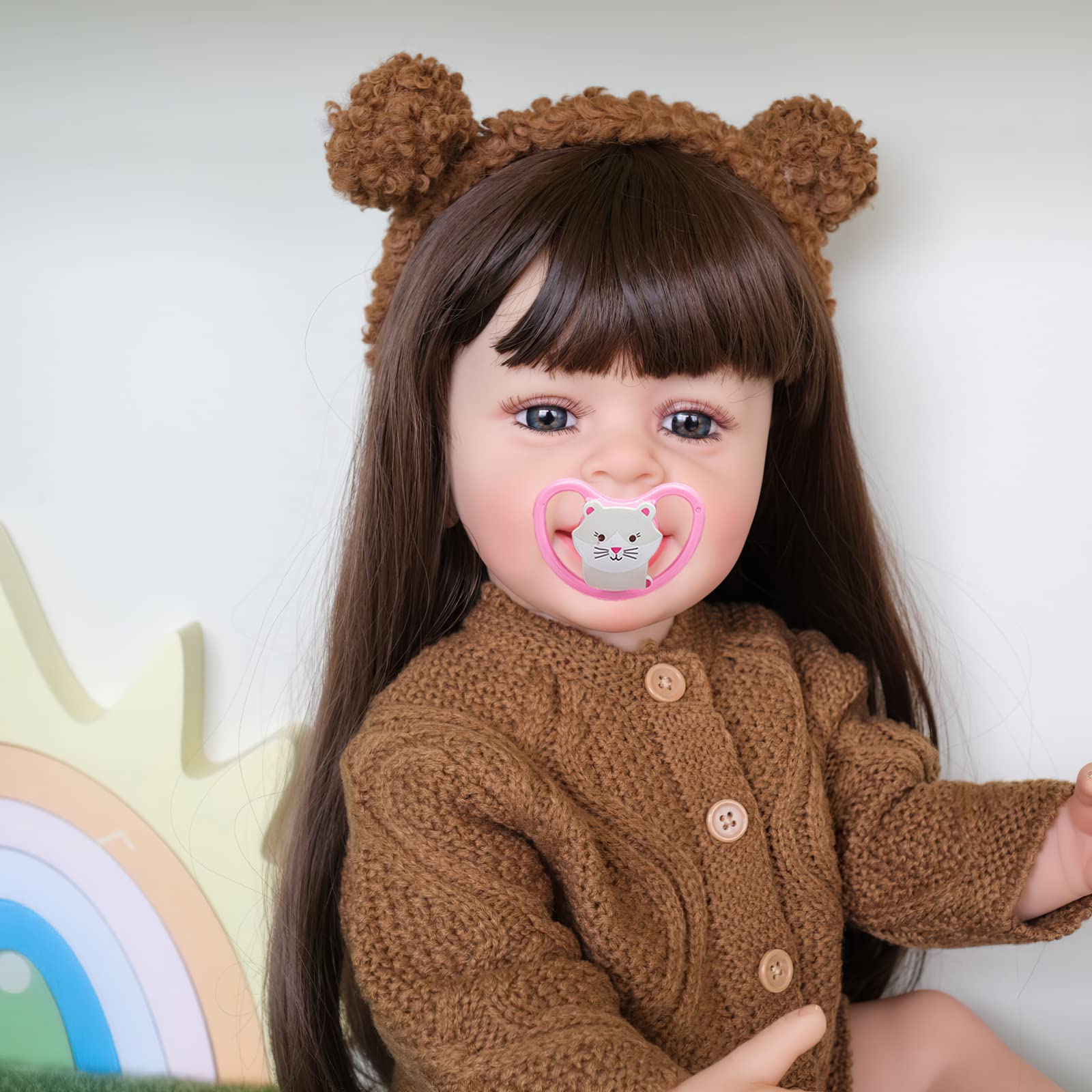 Лялька MineeQu 22 Inch Reborn Full Body Silicone Vinyl Anatomically Correct Smiling Newborn Realistic Toddler Girl Brown Wool, фото №5