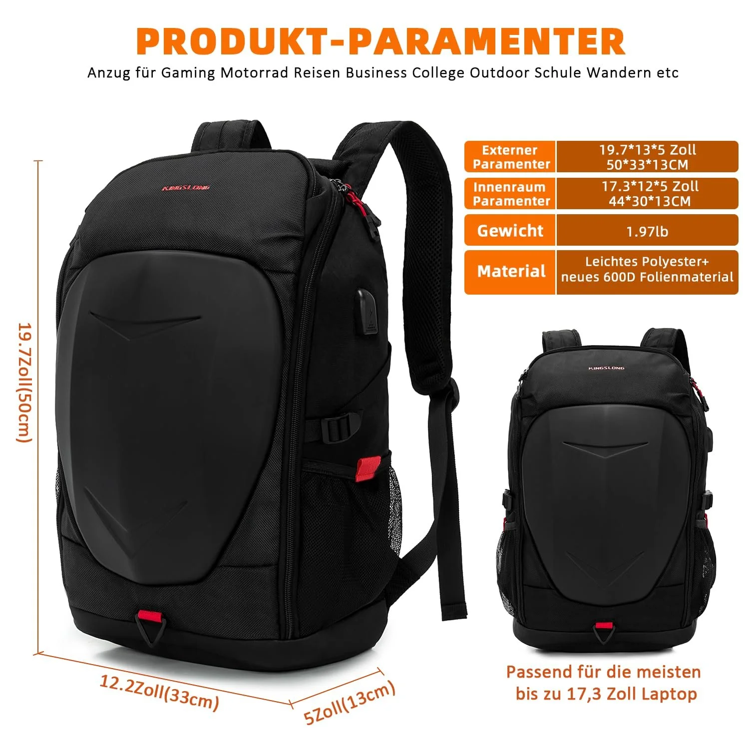 Мотоциклетный рюкзак для ноутбука KINGSLONG 17.3" с жестким корпусом USB Черный, фото №2