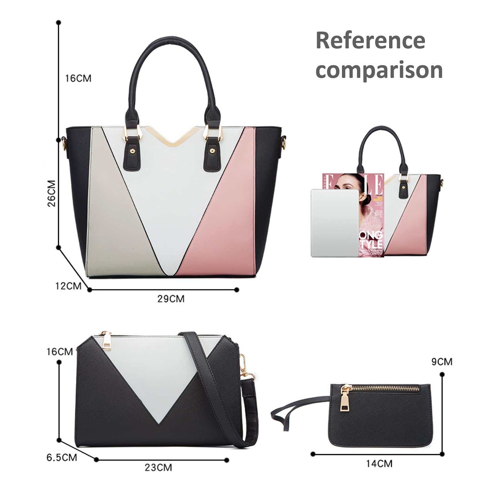 Сумка с ручками NICOLE & DORIS, большая, женская, V-образная, с цветными блоками, набор из 4 предметов, черная, фото №6