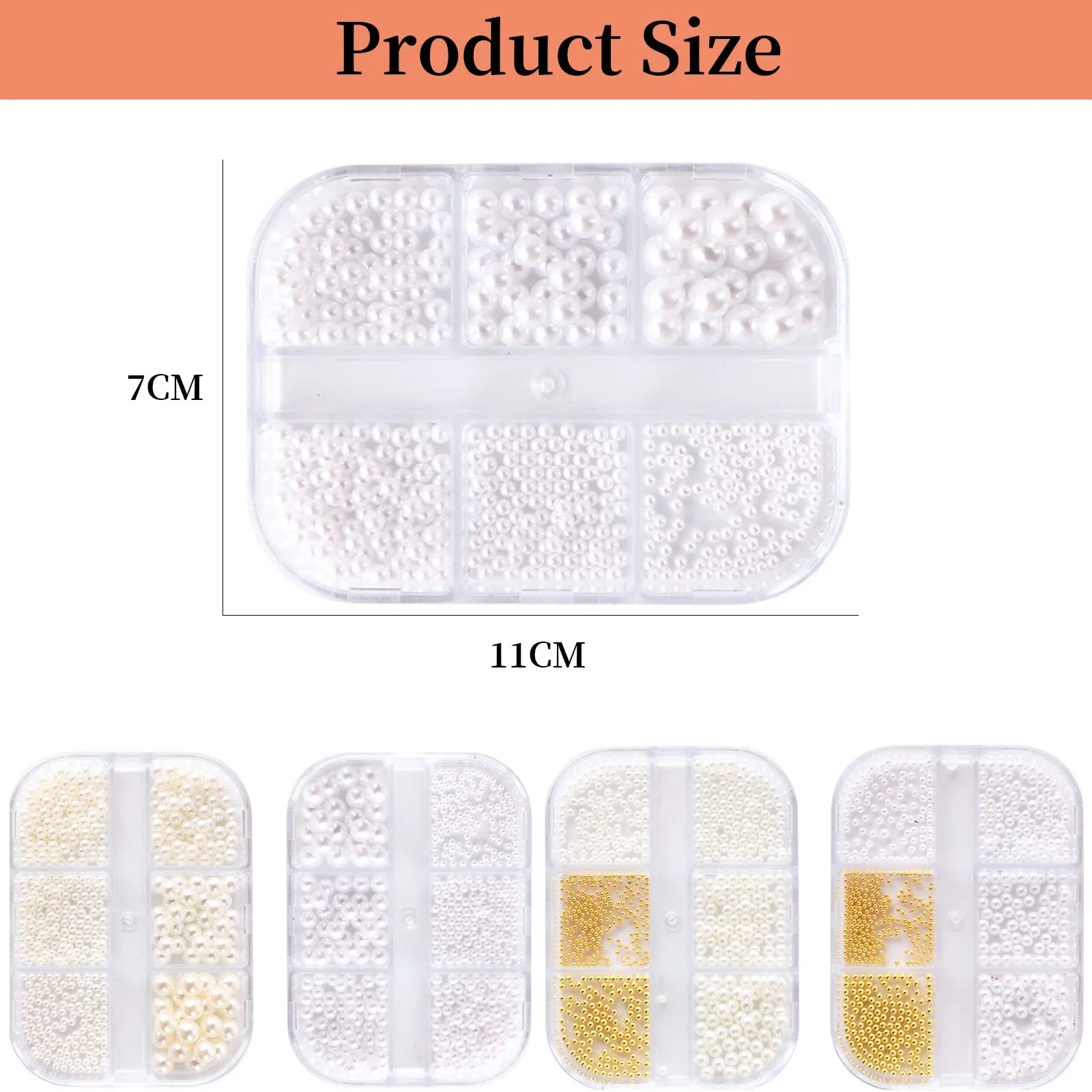 3D Бусины для дизайна ногтей, 2 коробки, круглые бусины разных размеров, 3D акриловые украшения для маникюра, аксессуары для женщин и девушек, материалы для ногтей (белый), фото №2