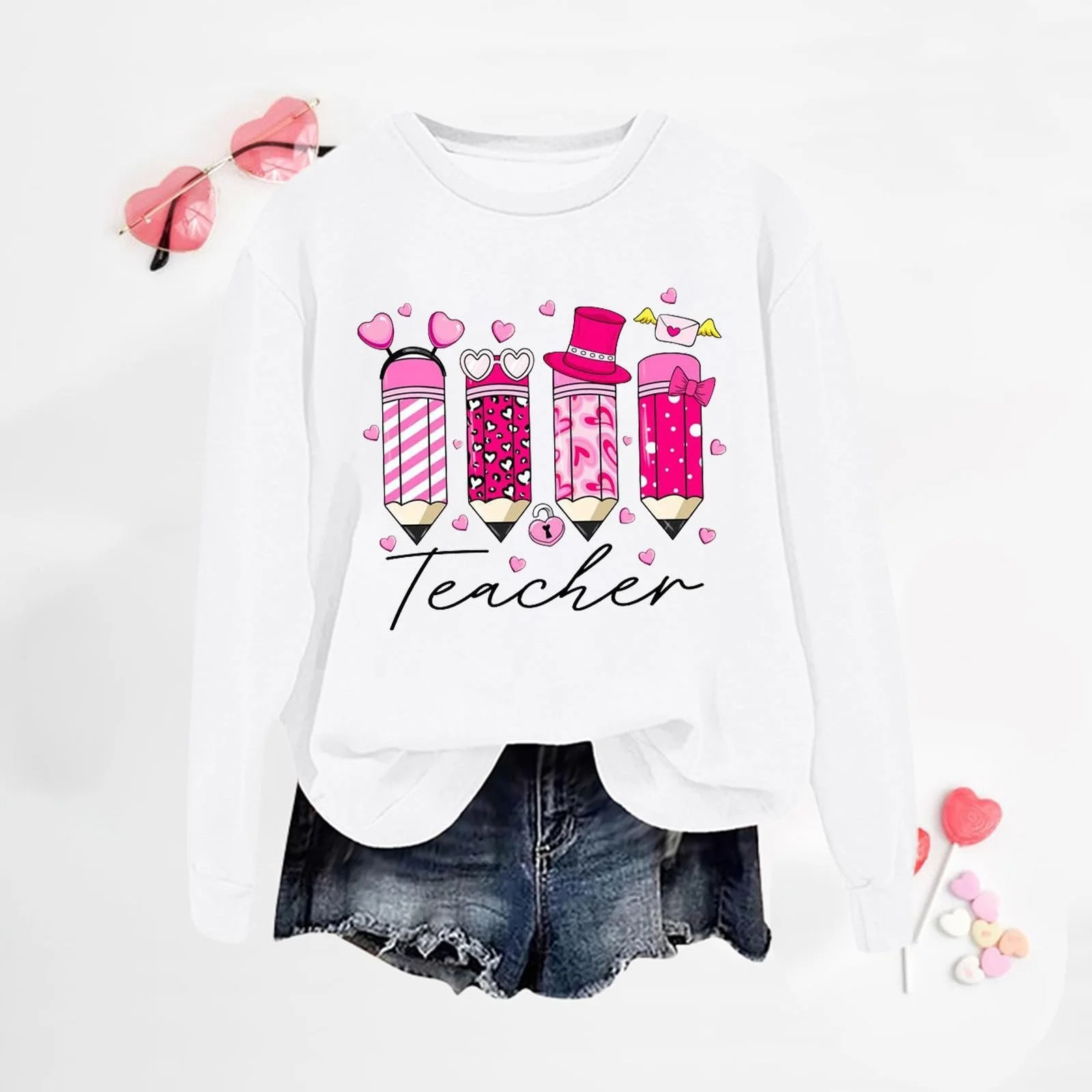 Свитшот Vhersily На День святого Валентина С буквенным графическим принтом Зима Осень Сердце Красный Любовь Пуловер Повседневный Модный Принт в виде сердец Аниме Королева сердец Смешной Милый Для пары, фото №2