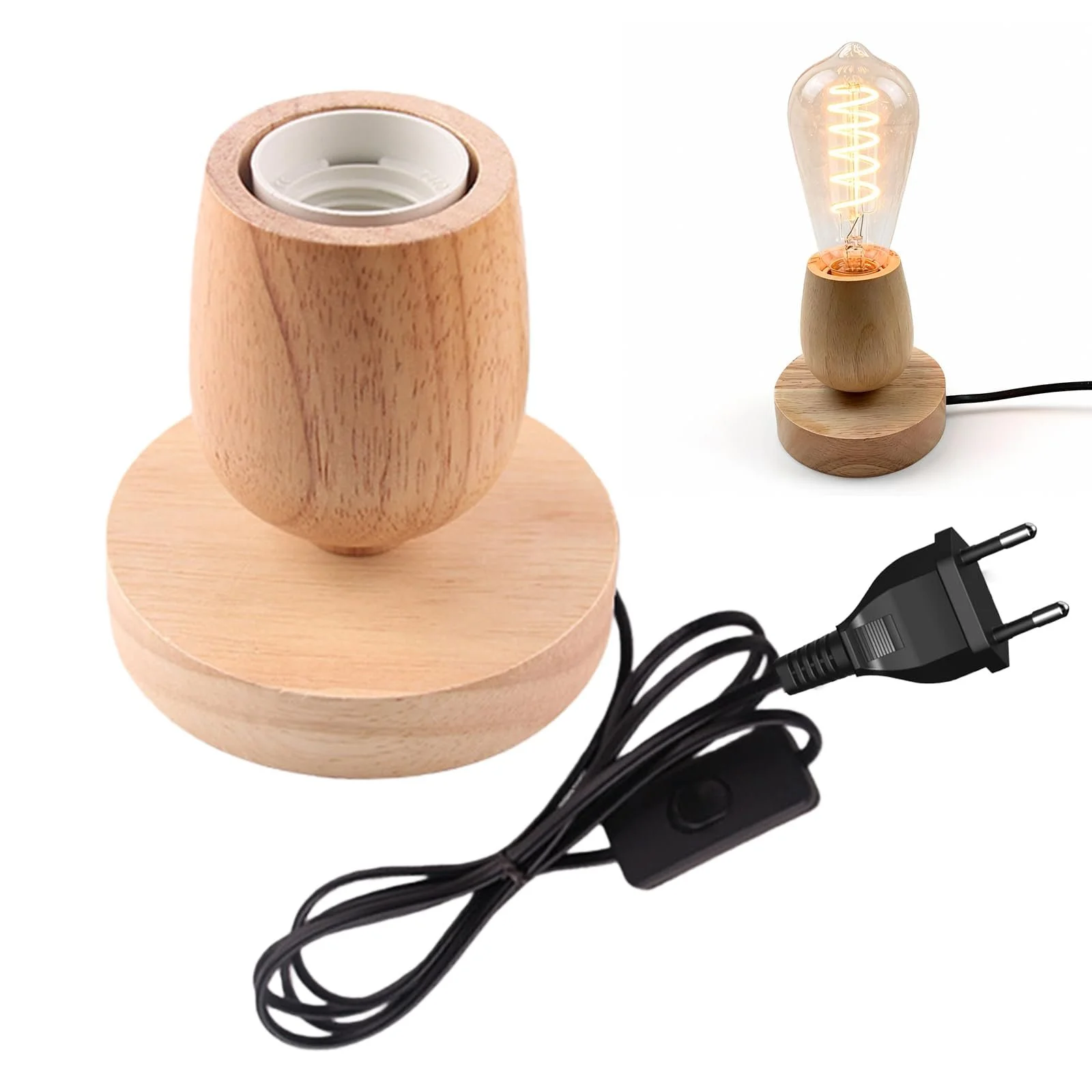 Настільна лампа дерев'яна E27 з кабельним вимикачем ретро (без лампочки), фото №1