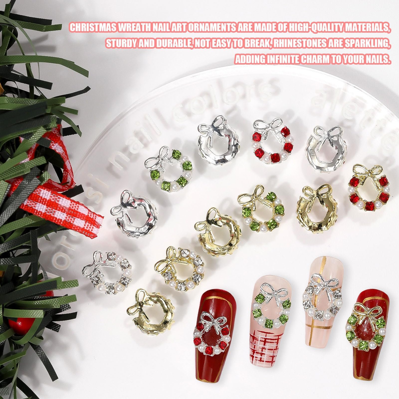Украшения для ногтей Рождественские, 30 шт в упаковке, Подвески для ногтей в форме венка, Золотые Серебряные камни для ногтей с бриллиантовым жемчужным дизайном, 3D Рождественские ювелирные изделия для ногтей для DIY маникюра, украшения для ногтей (6 цветов), фото №3