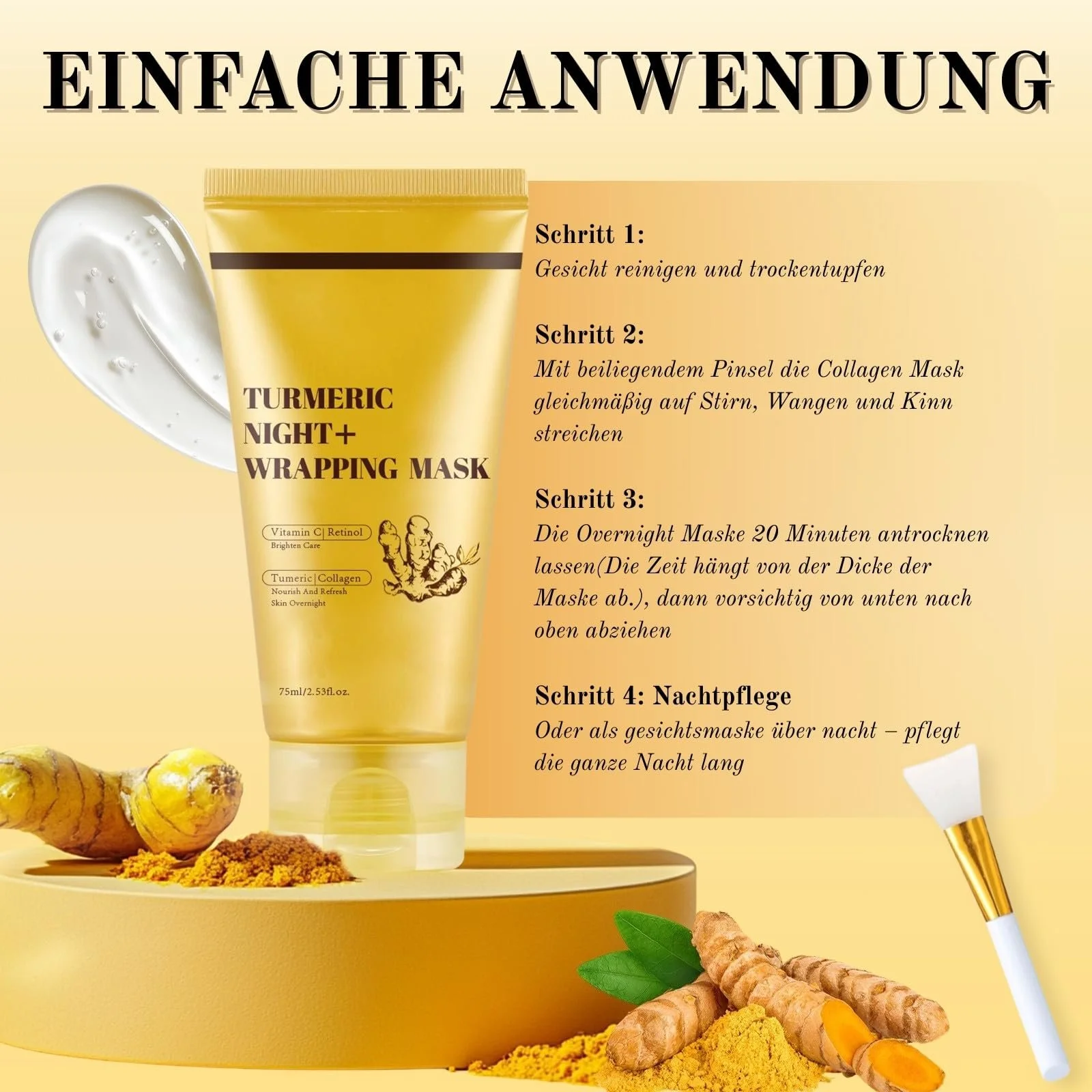 Маска для обличчя Нічна з куркумою, Нічна маска-обгортання з колагеном, з пензлем, фото №6