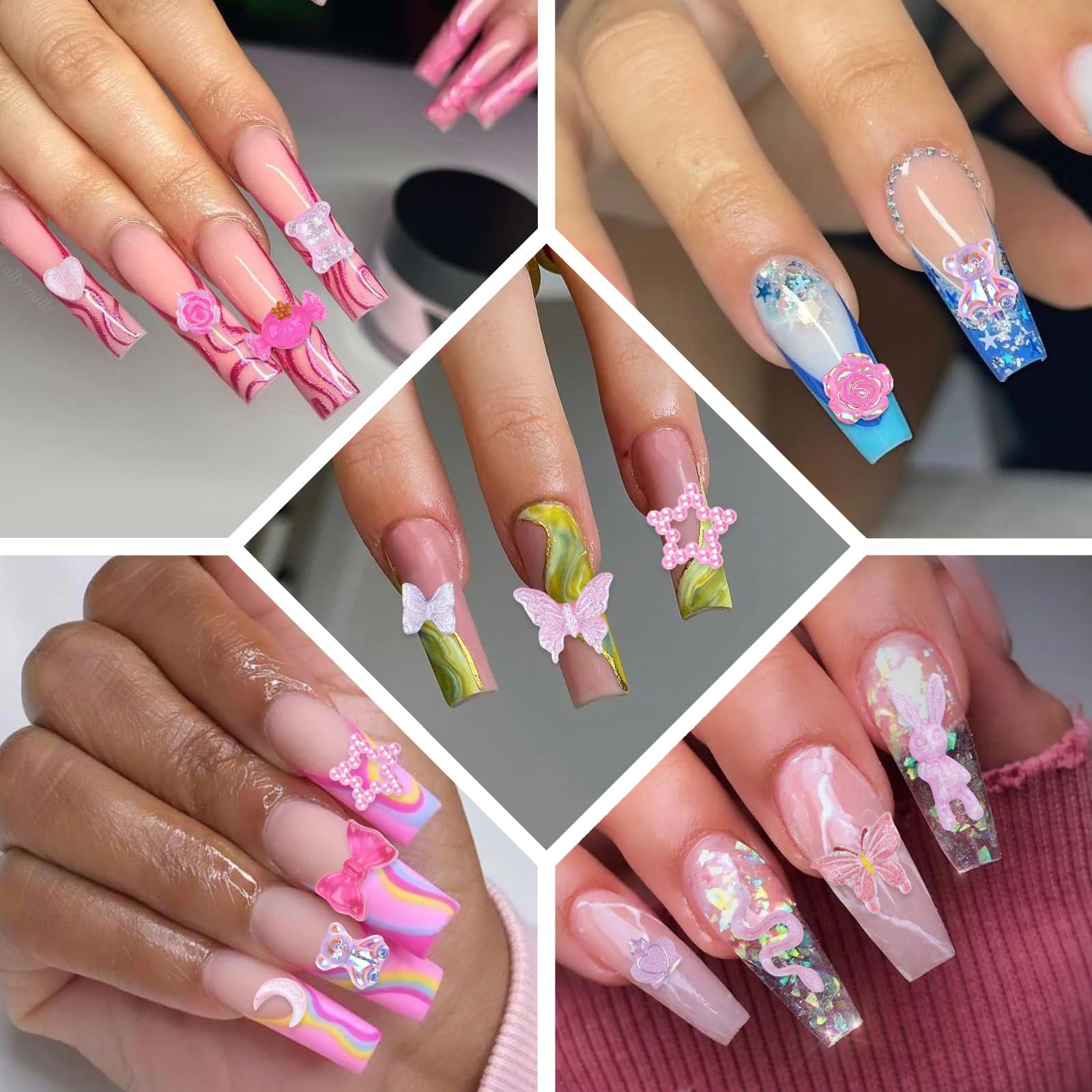 Украшения для ногтей Формы животных (мишка, змея, кролик, олень), бабочки, цветы розы, персики, банты, юбки из эпоксидной смолы, 100 шт, розовый цвет, фото №7